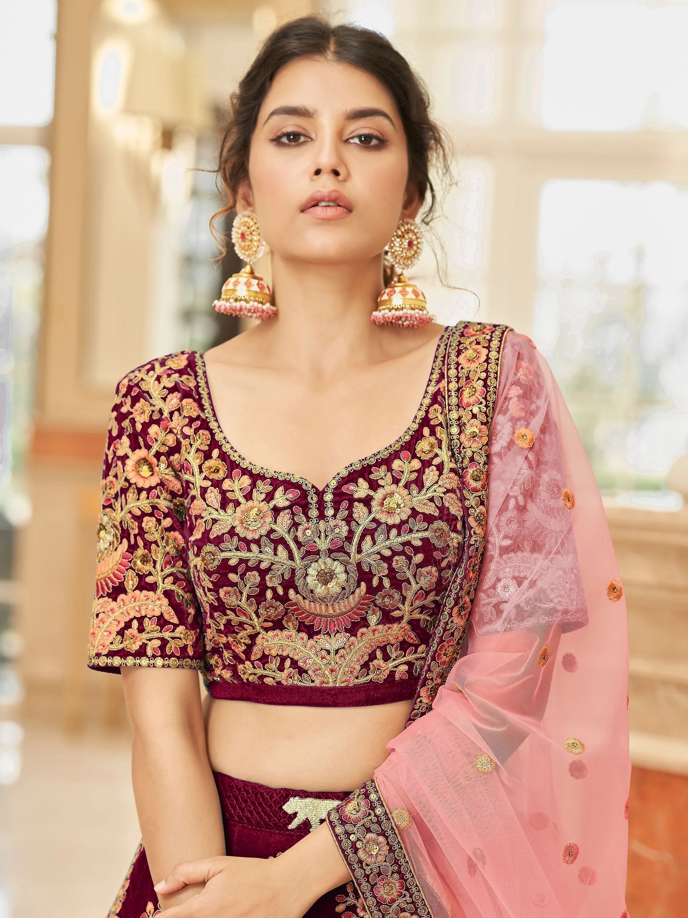 Maroon Embroidered Velvet Bridal Lehenga Choli Occasion Wear