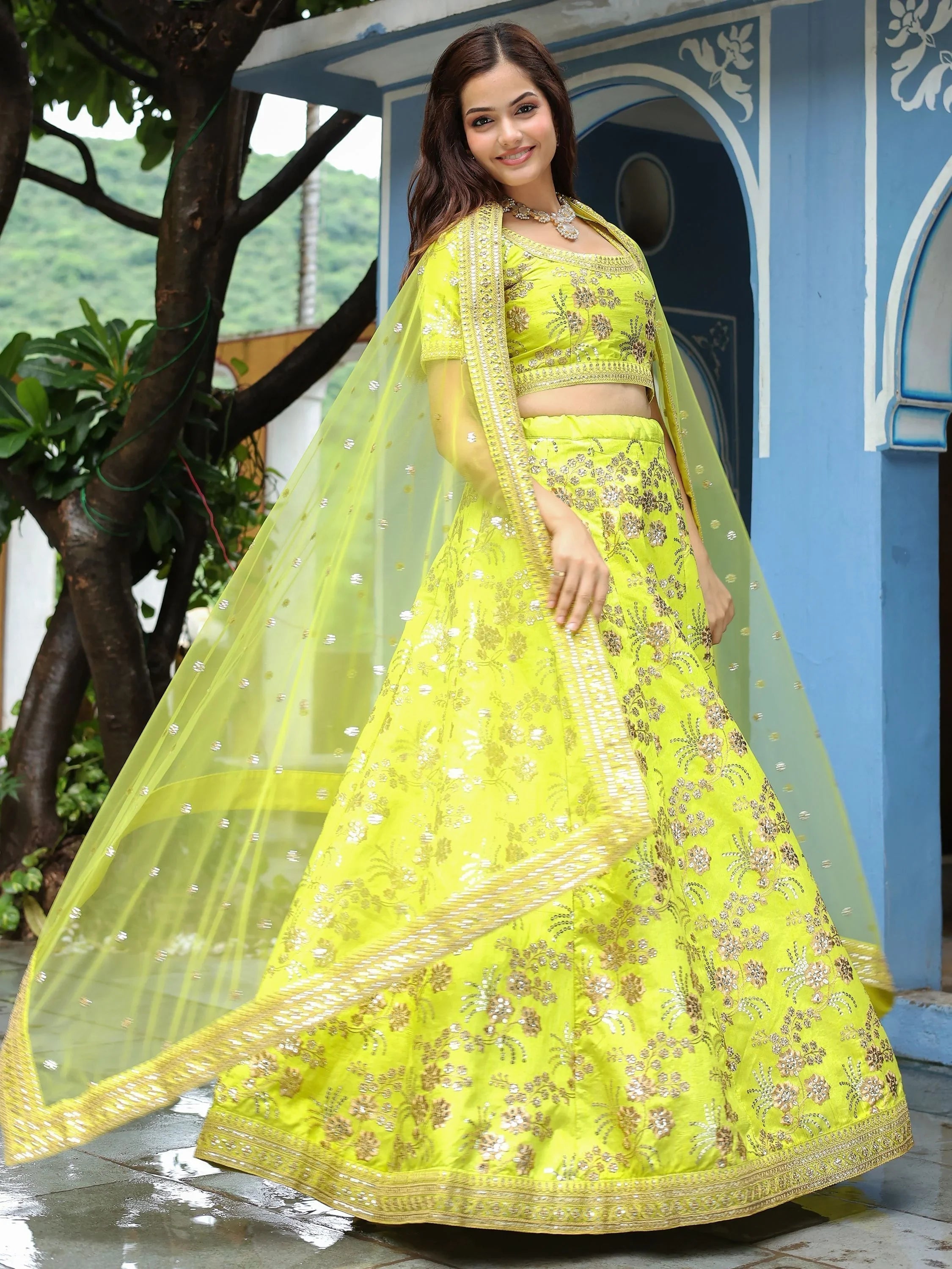 Silk lehenga choli with sequins embroidery and thread work for wedding and reception occasions