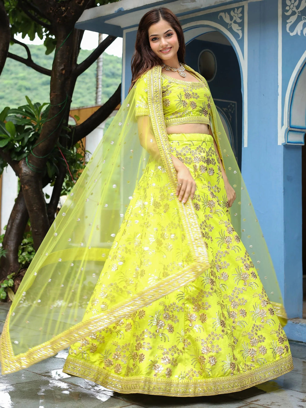 Silk lehenga choli with sequins embroidery and thread work for wedding and reception occasions