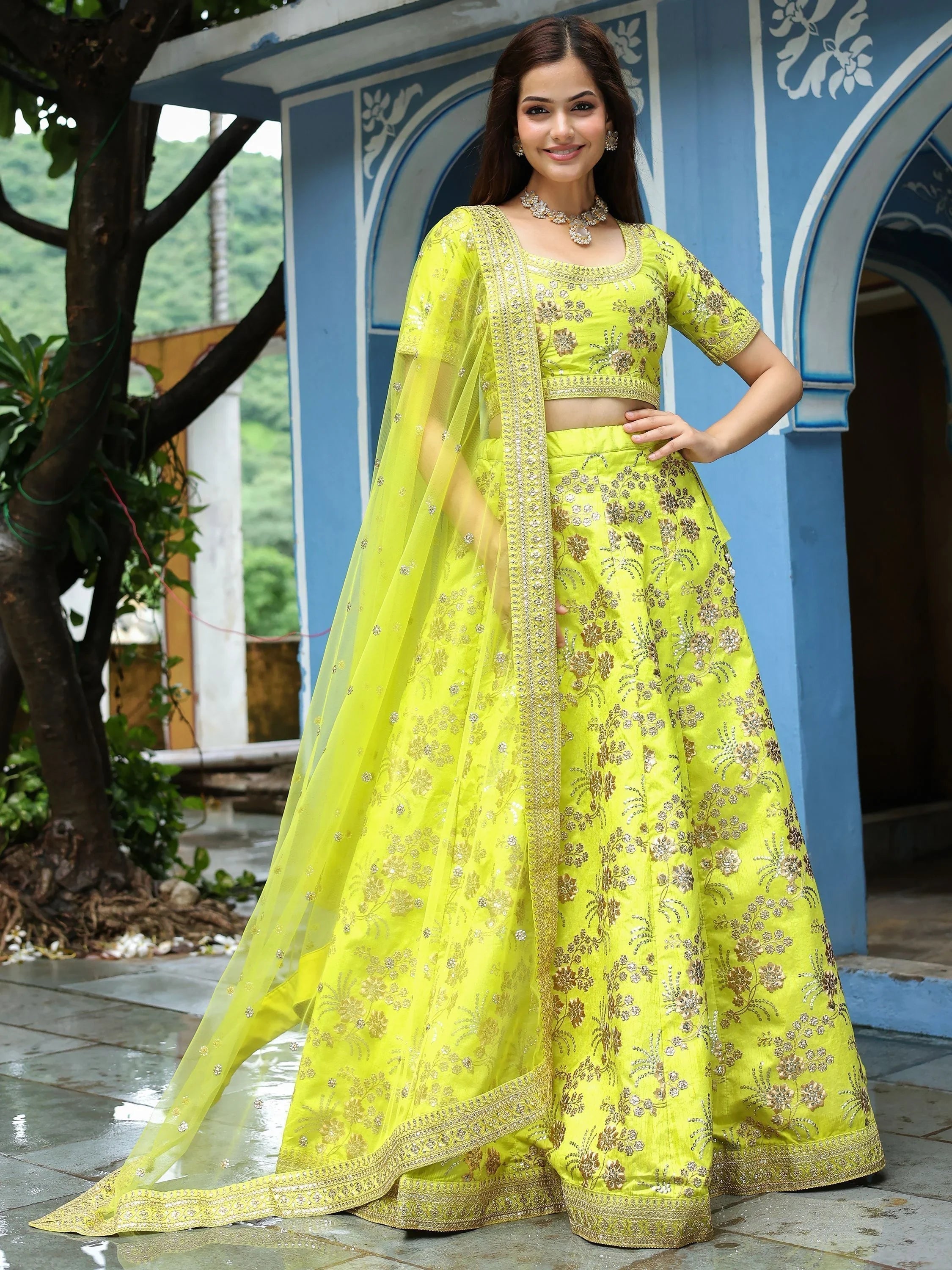 Silk lehenga choli with sequins embroidery and thread work for wedding and reception occasions