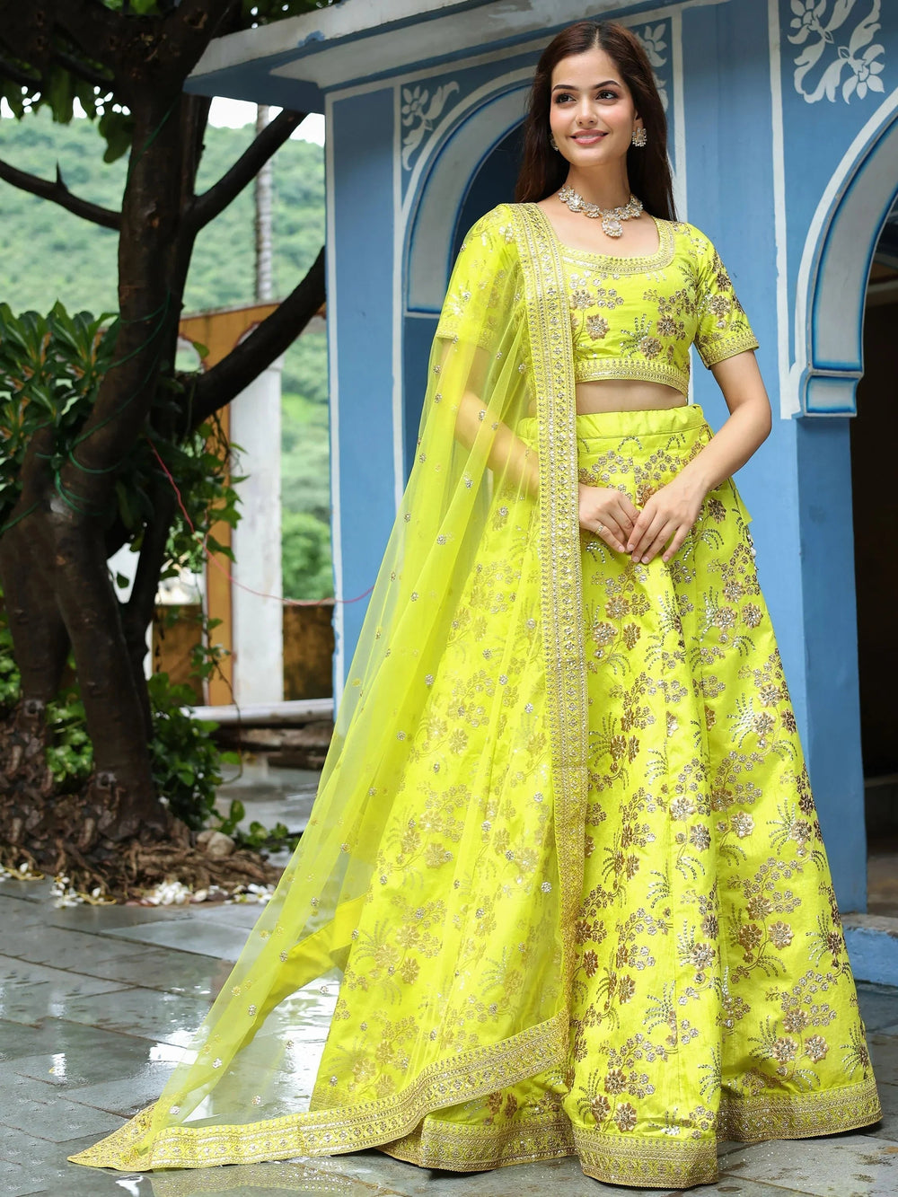 Silk lehenga choli with sequins embroidery and thread work for wedding and reception occasions