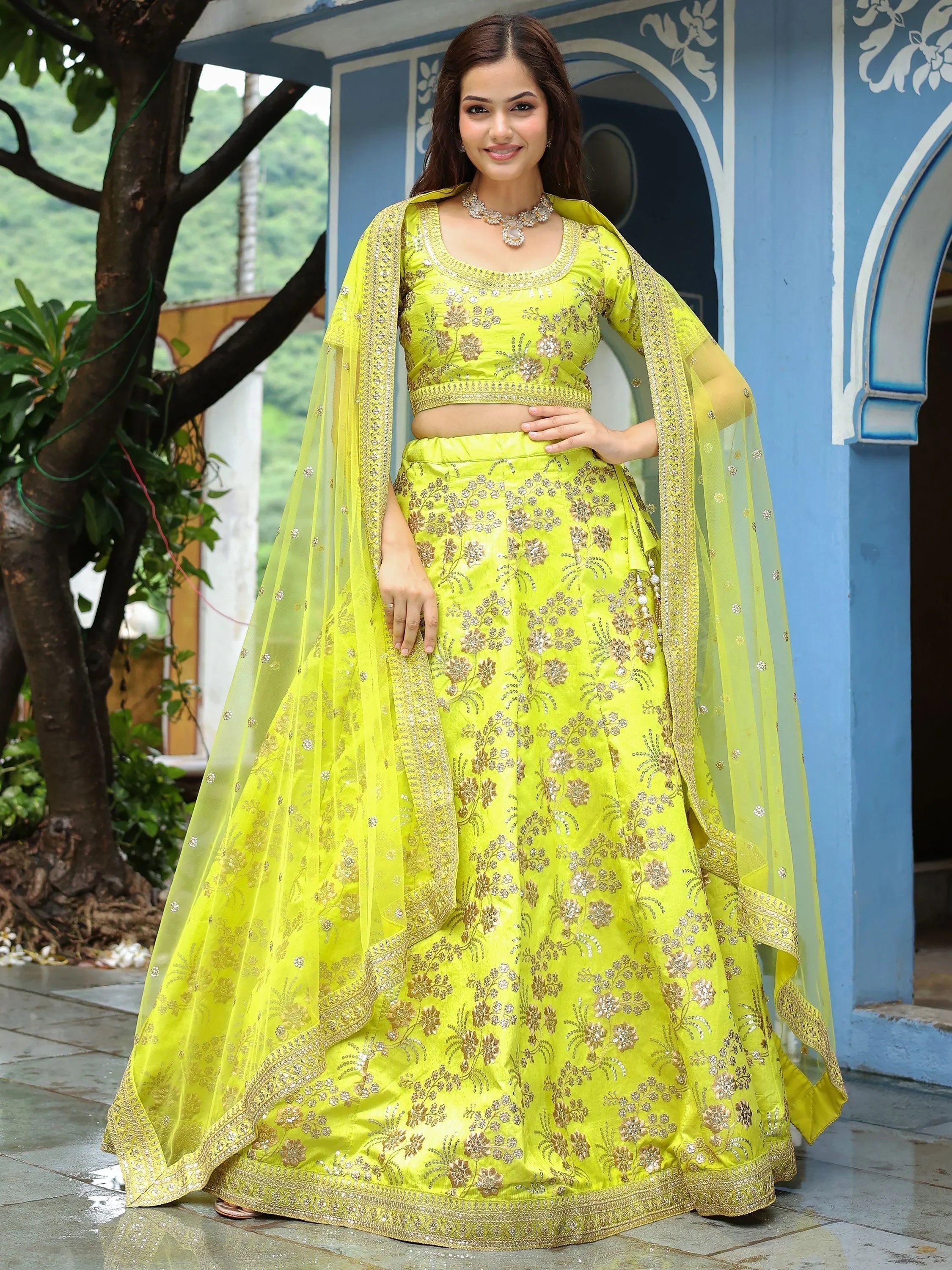 Silk lehenga choli with sequins embroidery and thread work for wedding and reception occasions