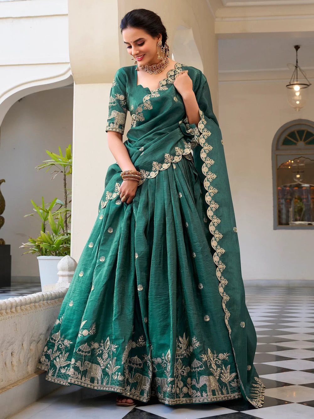 Teal Green Thread Embroidered Festival Lehenga Choli for Women