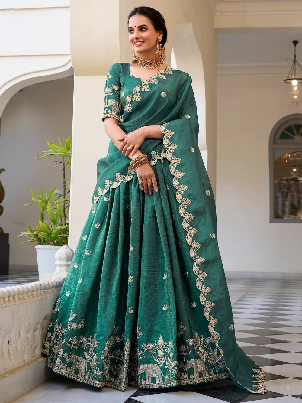 Teal Green Thread Embroidered Festival Lehenga Choli for Women