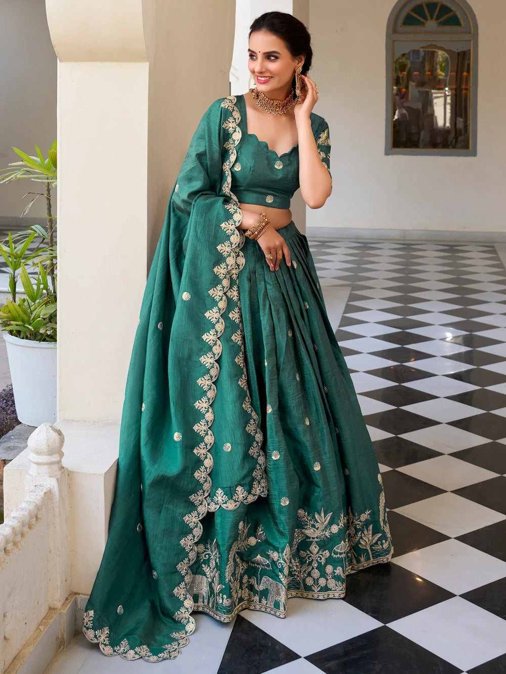 Teal Green Thread Embroidered Festival Lehenga Choli for Women
