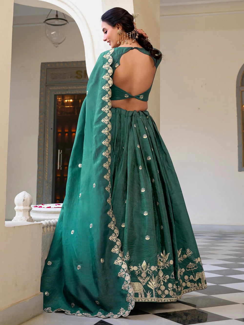 Teal Green Thread Embroidered Festival Lehenga Choli for Women