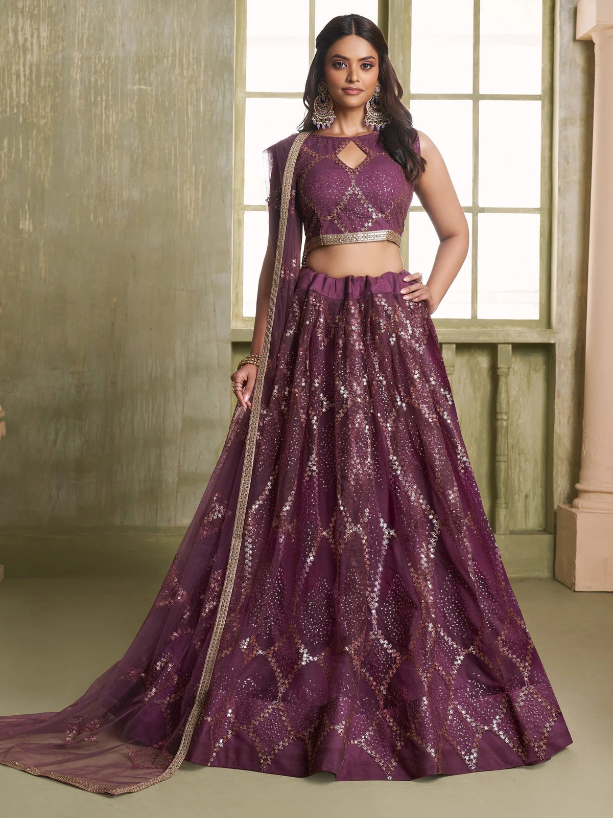Incredible Wine Sequins Net Designer Lehenga Choli With Dupatta for Women