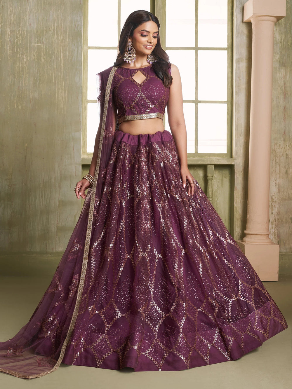Incredible Wine Sequins Net Designer Lehenga Choli With Dupatta for Women