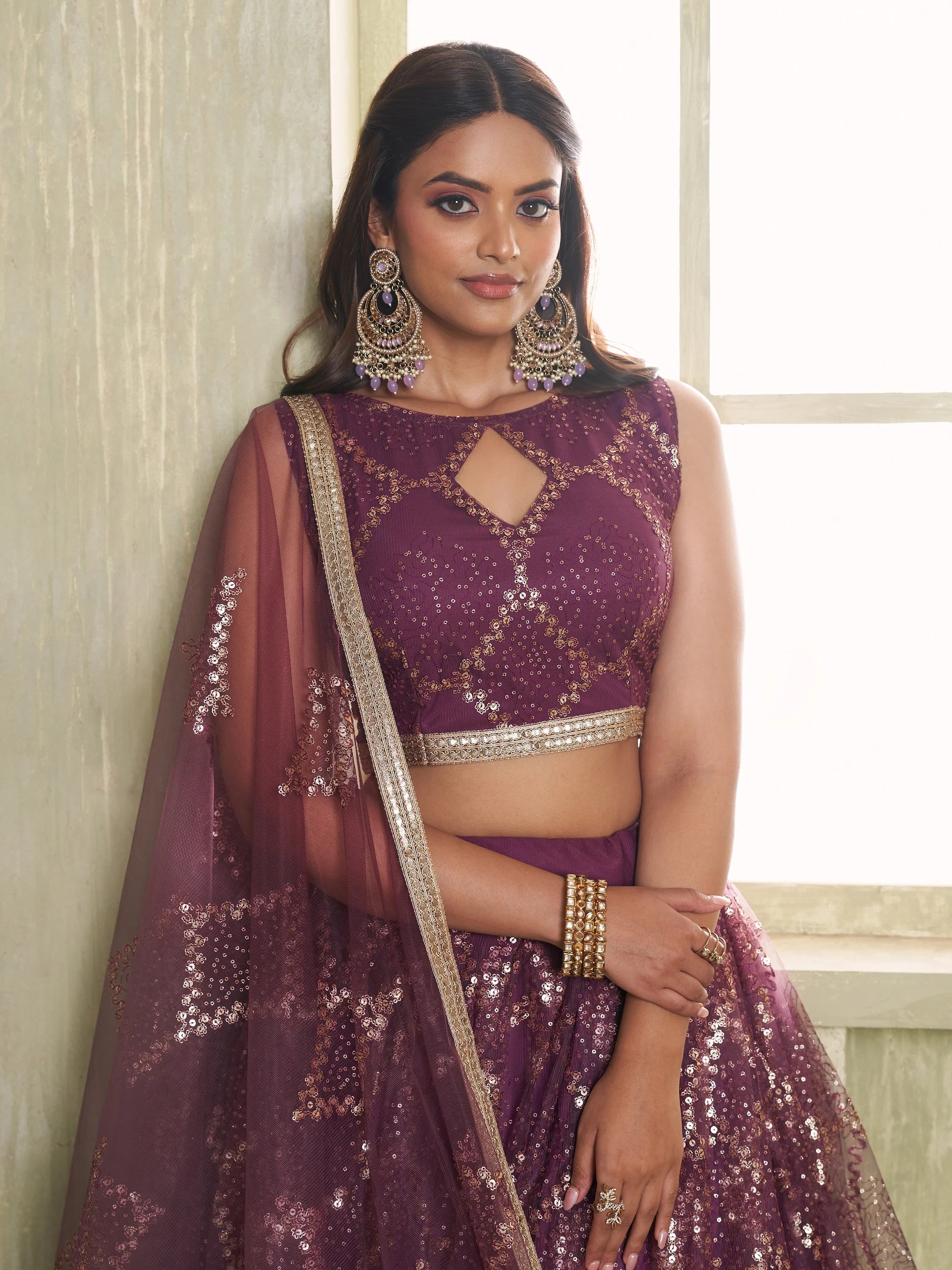 Incredible Wine Sequins Net Designer Lehenga Choli With Dupatta for Women