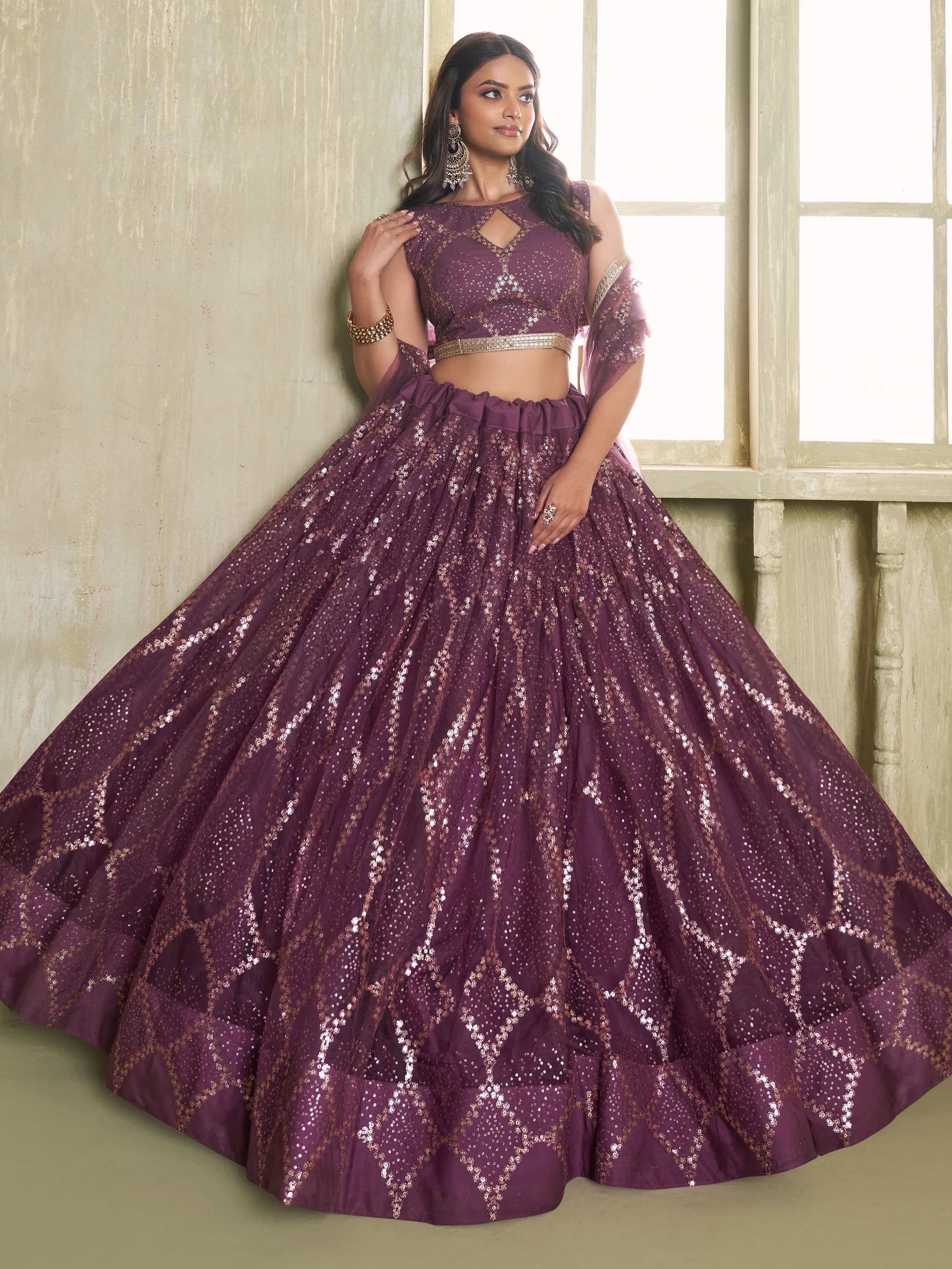 Incredible Wine Sequins Net Designer Lehenga Choli With Dupatta for Women