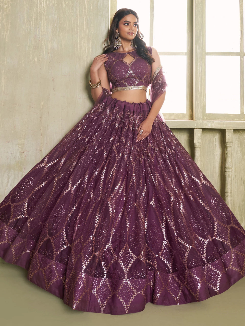 Incredible Wine Sequins Net Designer Lehenga Choli With Dupatta for Women