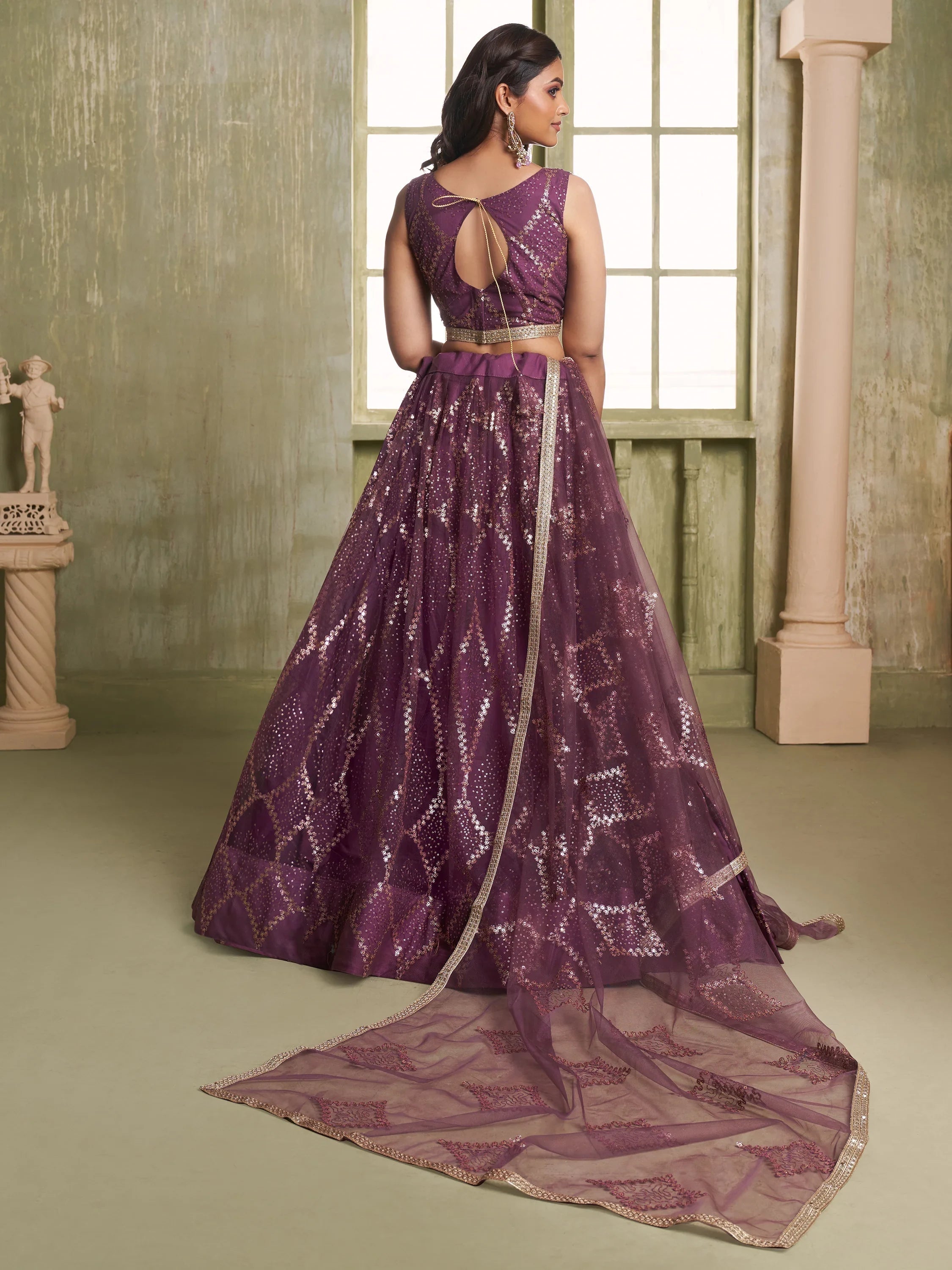 Incredible Wine Sequins Net Designer Lehenga Choli With Dupatta for Women