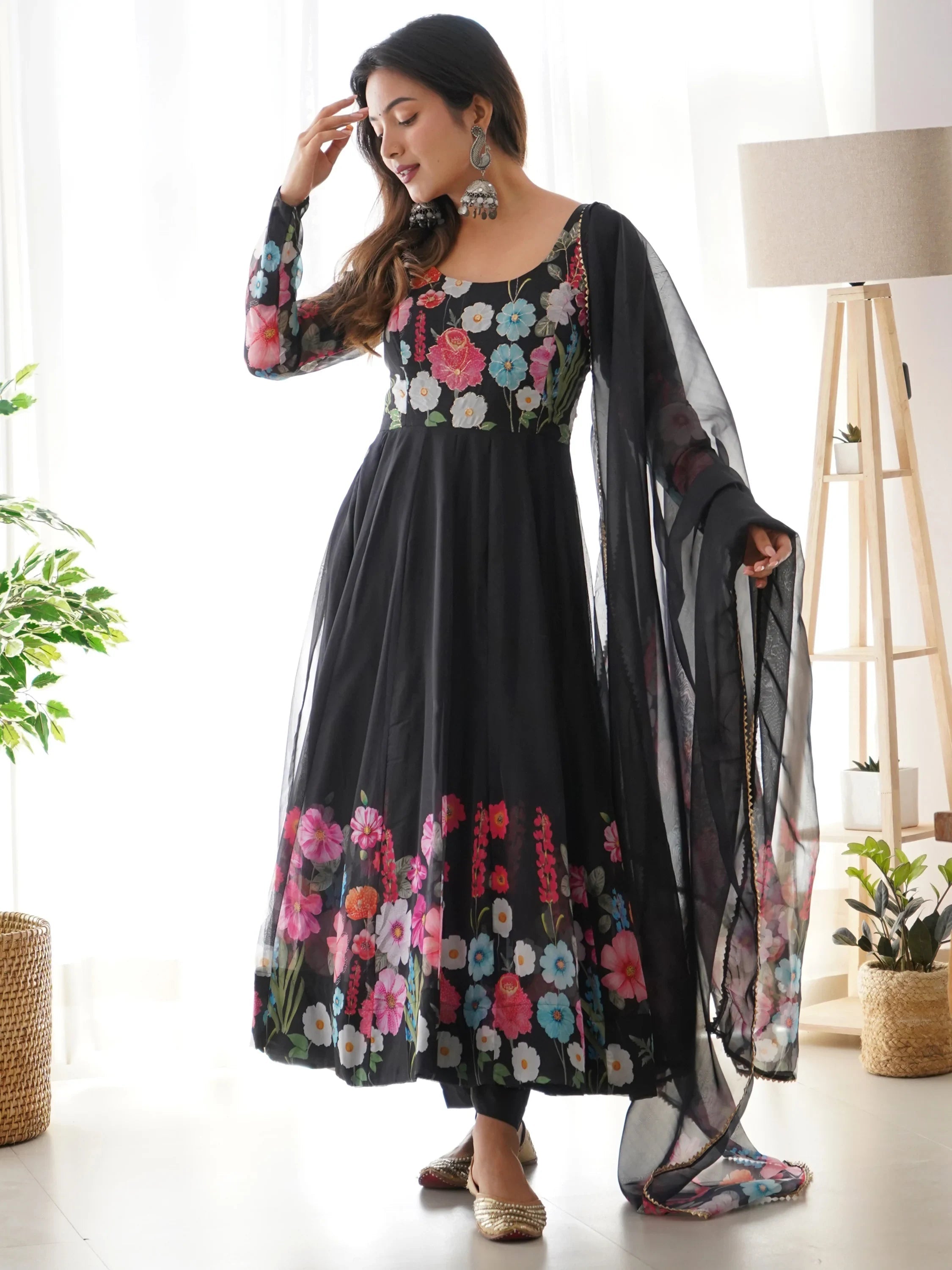 Black Floral Printed Organza Festive Wear Anarkali Suit for Women