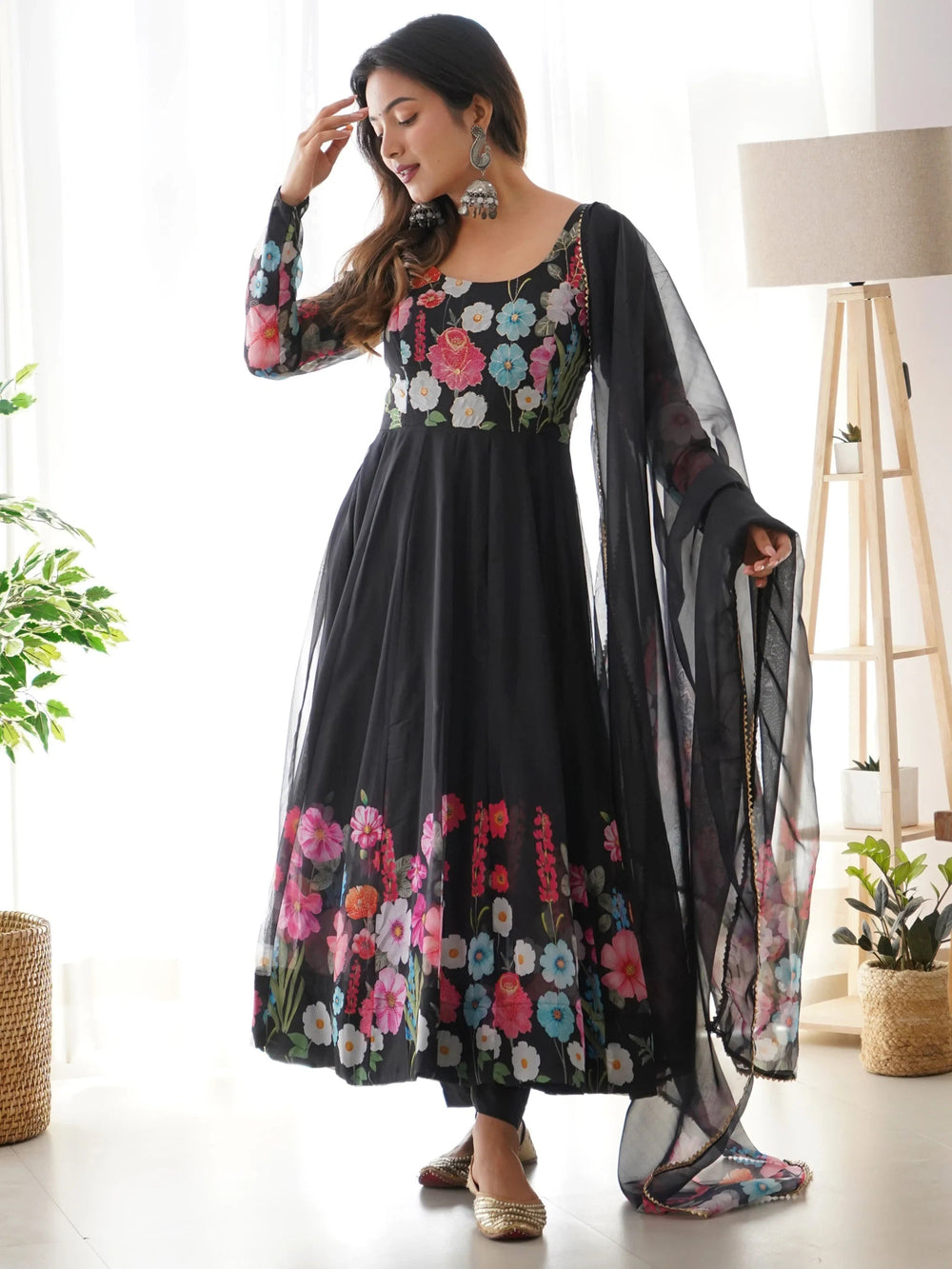 Black Floral Printed Organza Festive Wear Anarkali Suit for Women