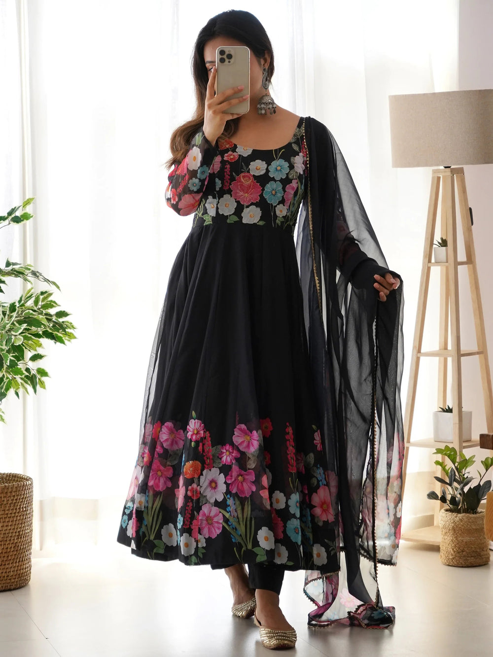 Black Floral Printed Organza Festive Wear Anarkali Suit for Women