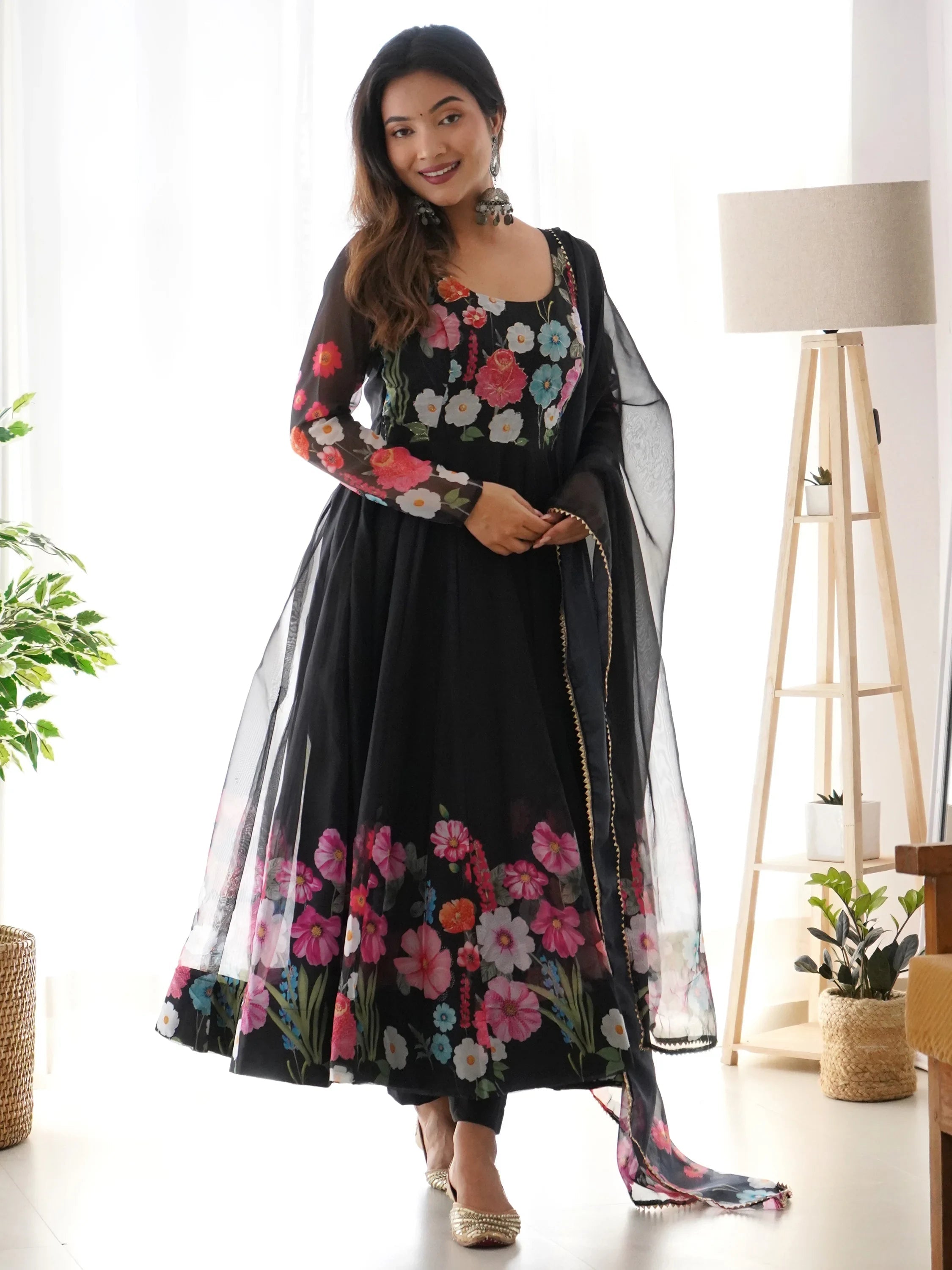 Black Floral Printed Organza Festive Wear Anarkali Suit for Women