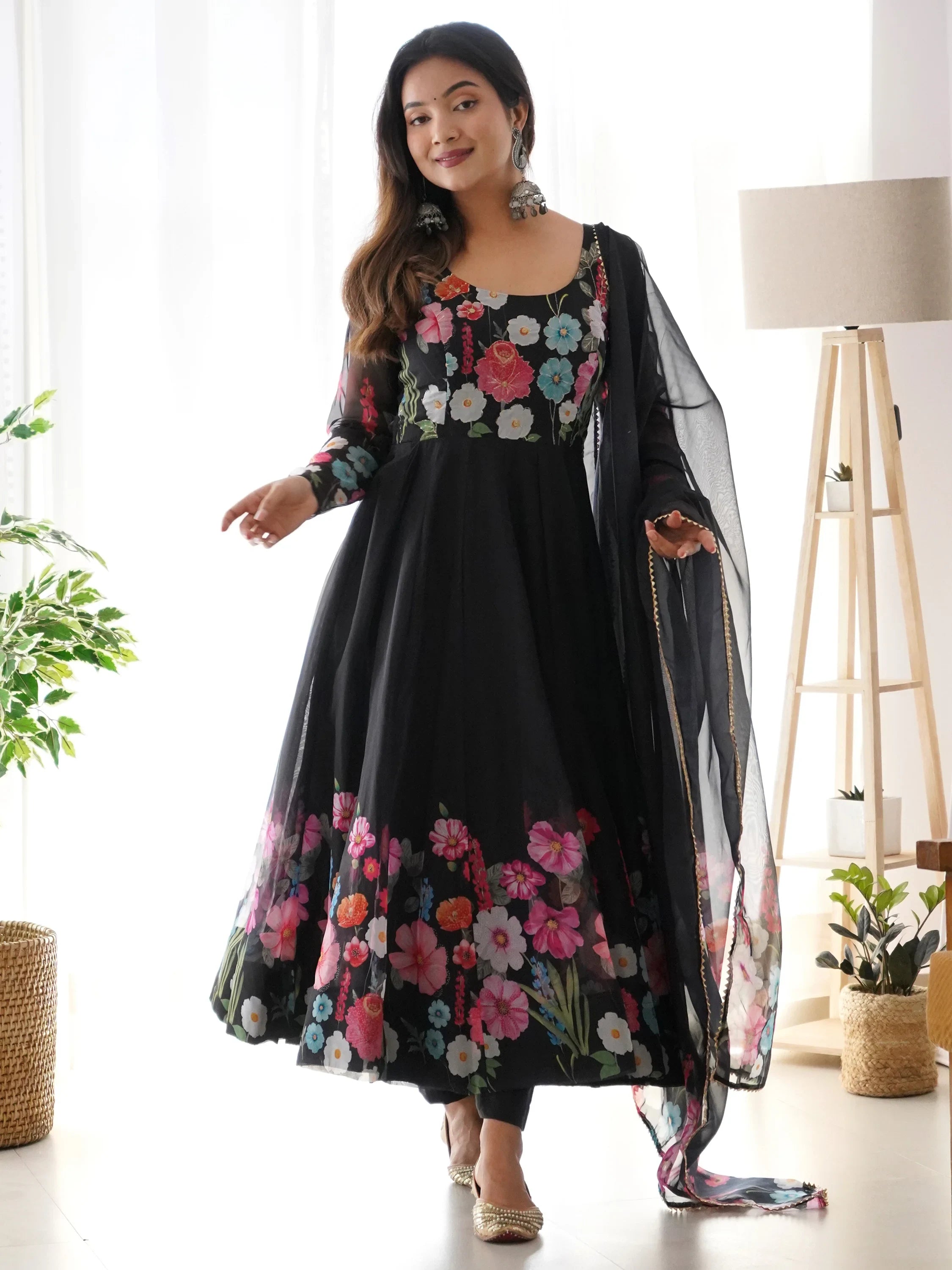 Black Floral Printed Organza Festive Wear Anarkali Suit for Women