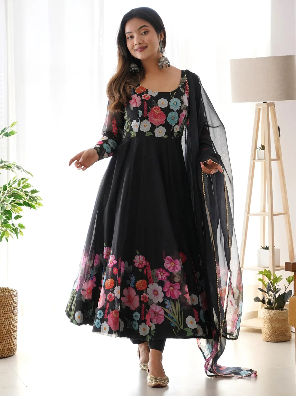 Black Floral Printed Organza Festive Wear Anarkali Suit for Women