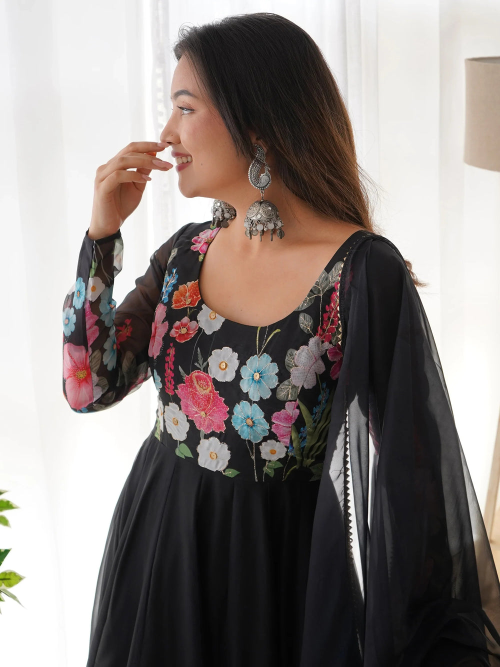 Black Floral Printed Organza Festive Wear Anarkali Suit for Women