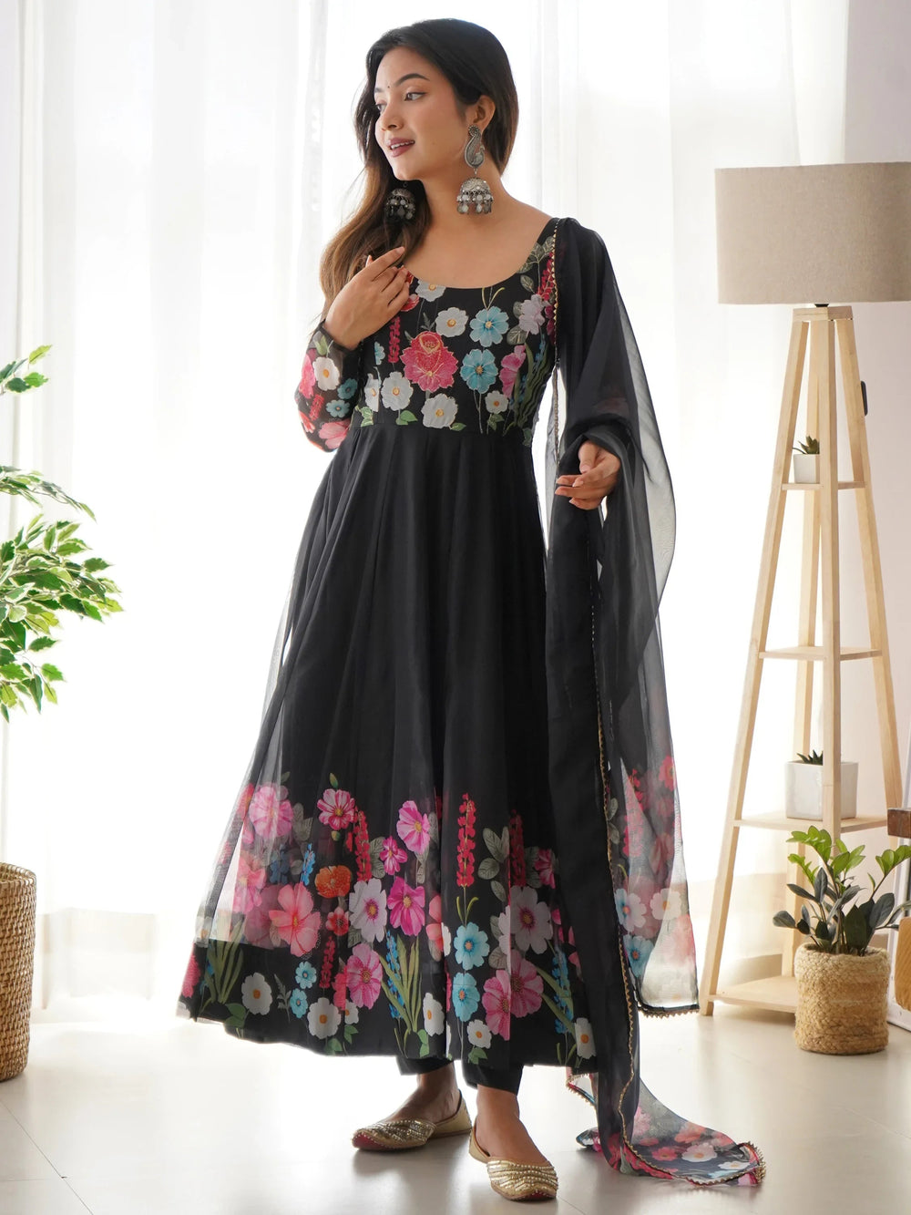Black Floral Printed Organza Festive Wear Anarkali Suit for Women