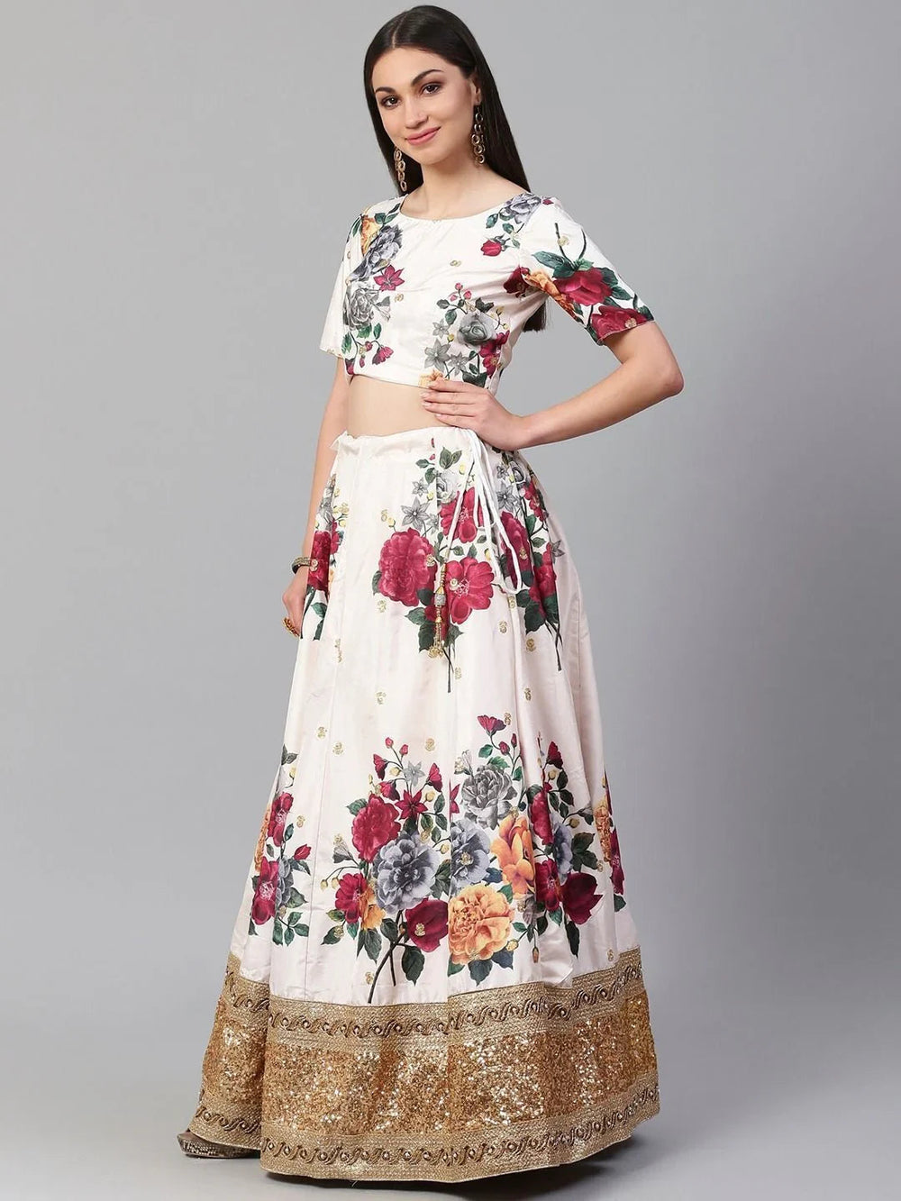 digital printed silk lehenga choli with dupatta for wedding and engagement wear - White & Red Printed Festival Wear Lehenga Choli with Dupatta