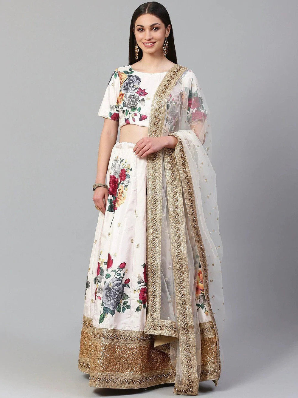 digital printed silk lehenga choli with dupatta for wedding and engagement wear - White & Red Printed Festival Wear Lehenga Choli with Dupatta