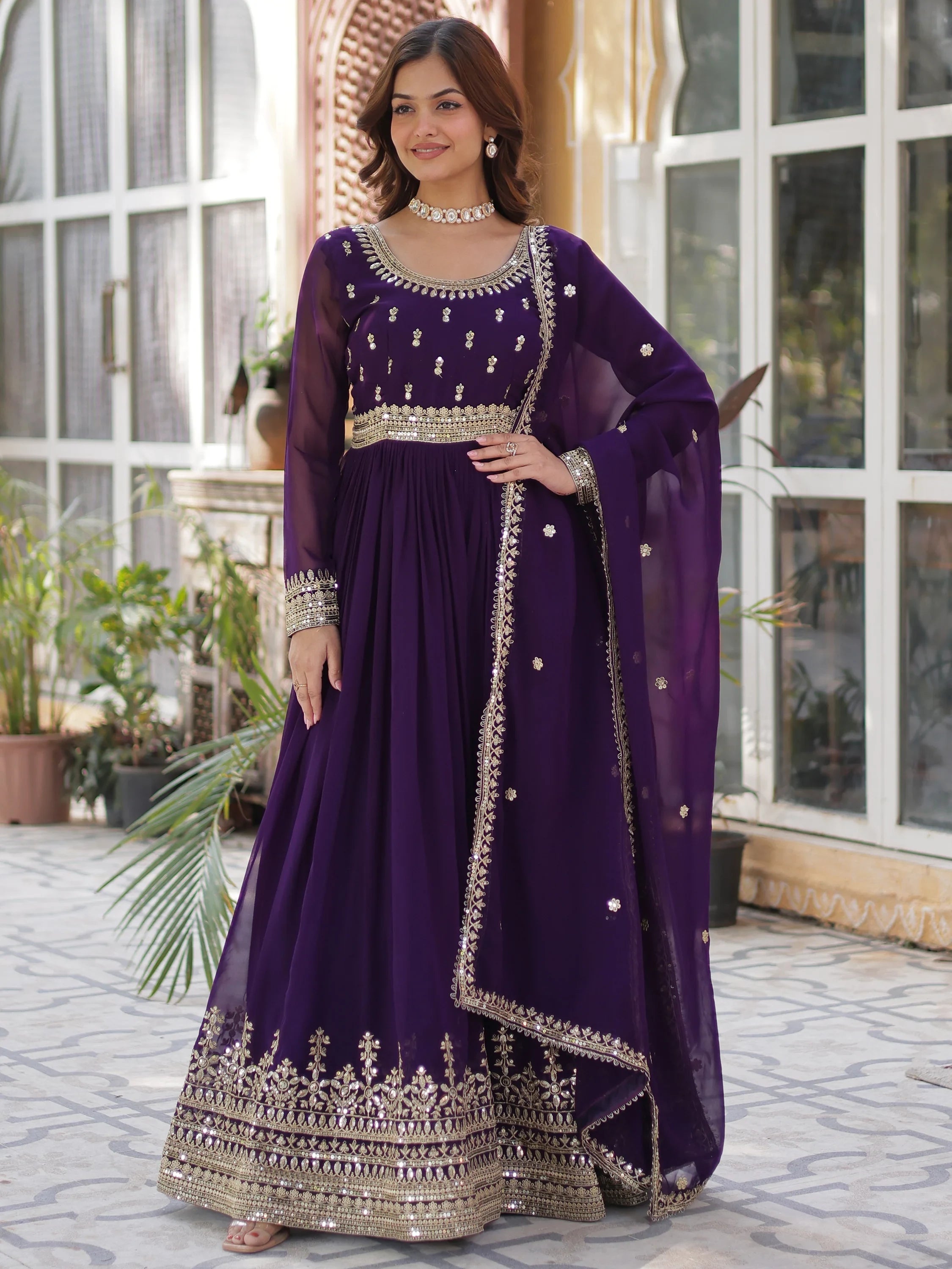 Purple Georgette Sequins Festival Wear Gown With Dupatta