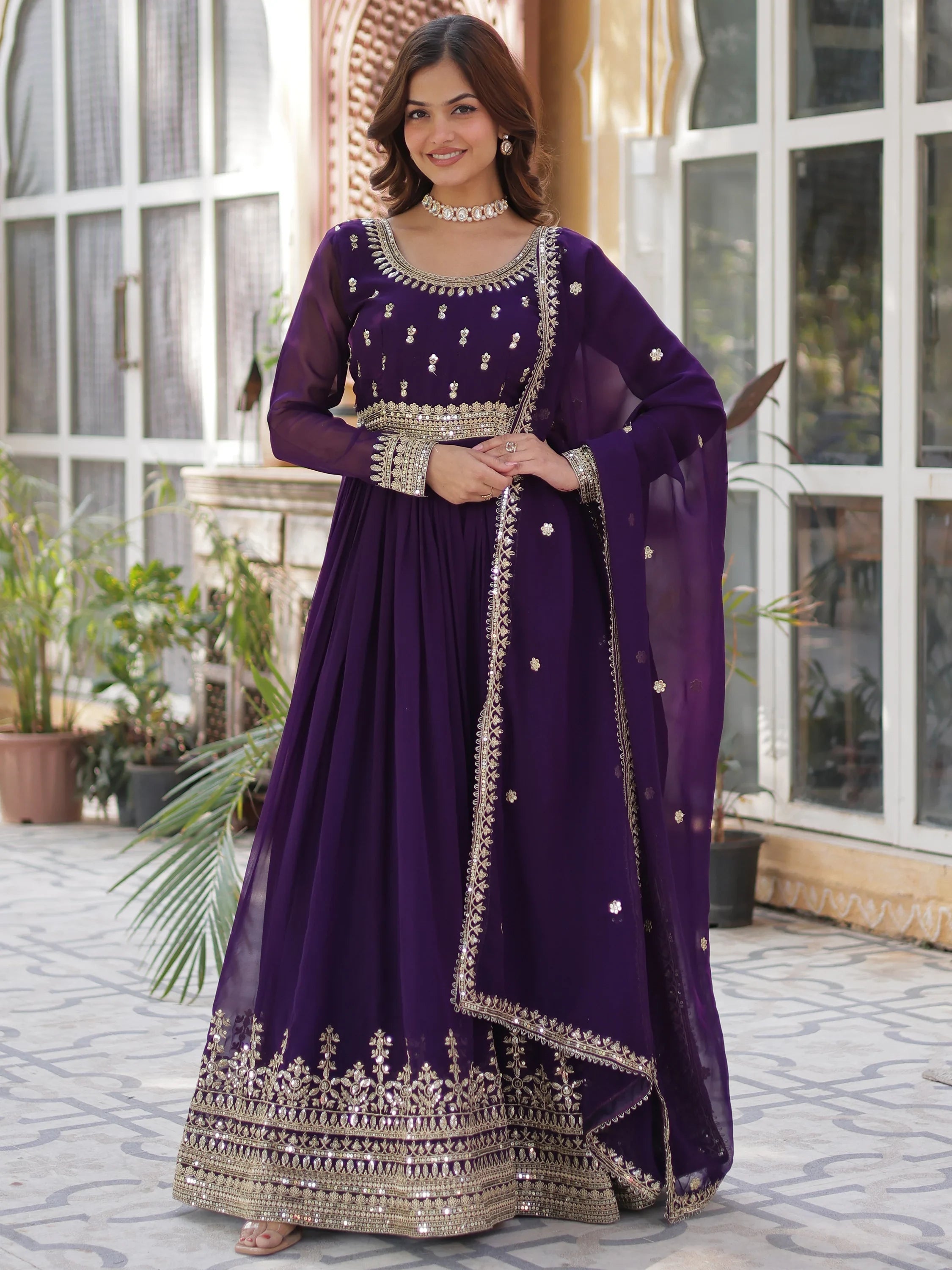 Purple Georgette Sequins Festival Wear Gown With Dupatta