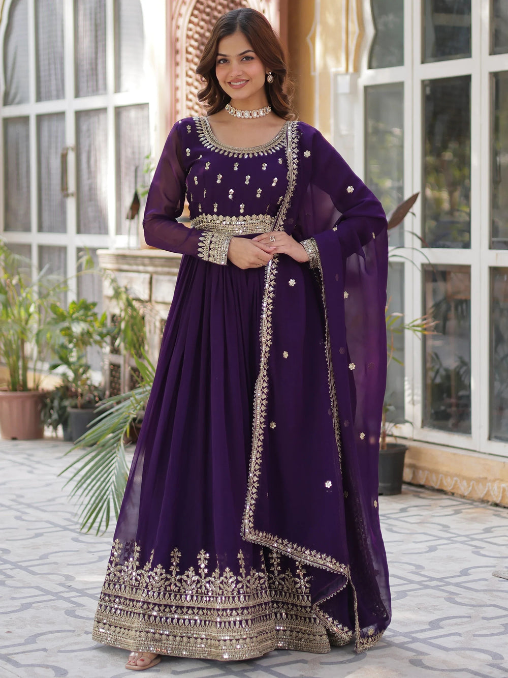 Purple Georgette Sequins Festival Wear Gown With Dupatta