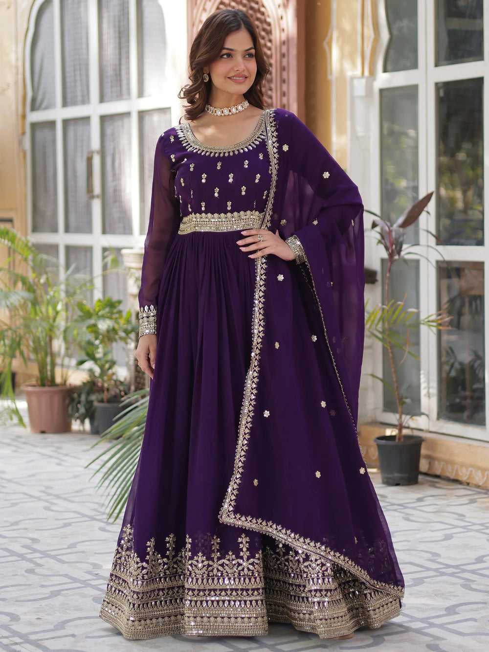 Purple Georgette Sequins Festival Wear Gown With Dupatta