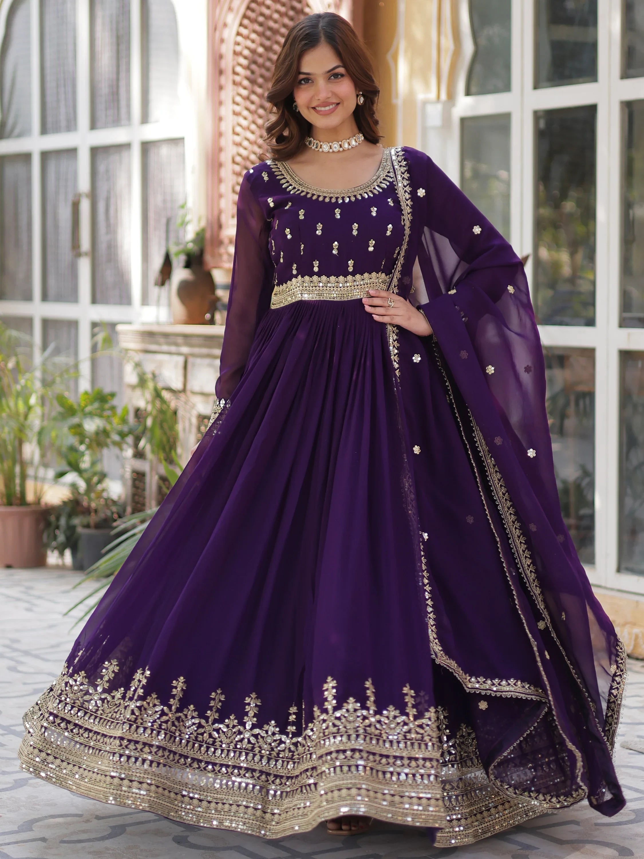 Purple Georgette Sequins Festival Wear Gown With Dupatta