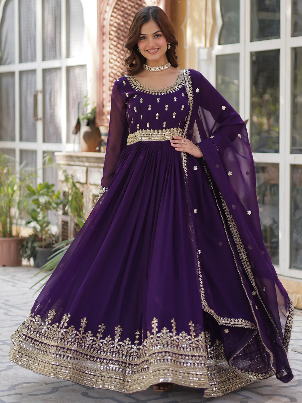 Purple Georgette Sequins Festival Wear Gown With Dupatta