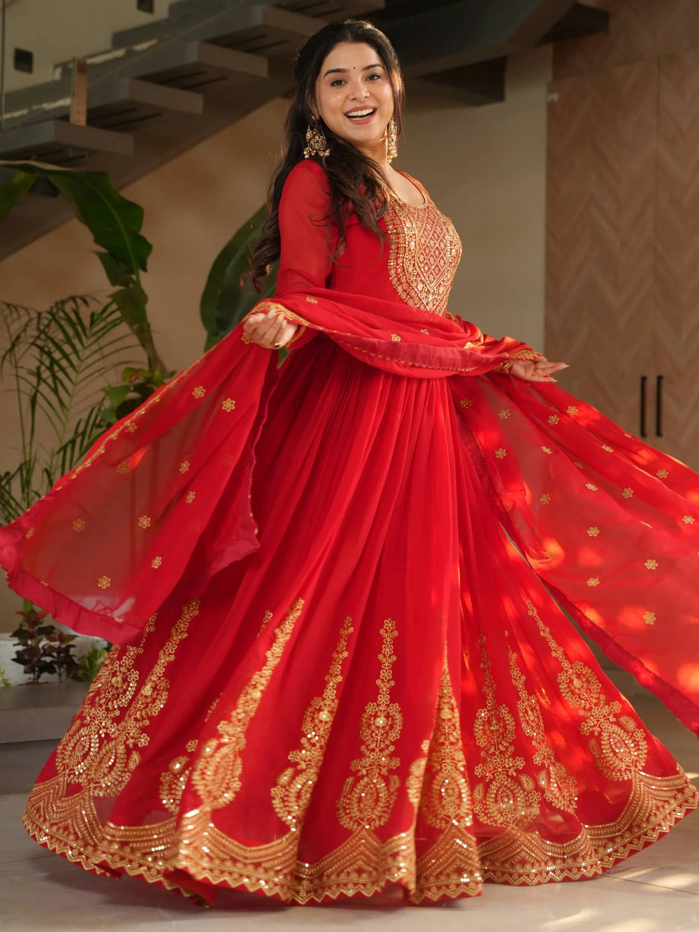 Red Georgette Sequins Work Wedding Gown With Dupatta