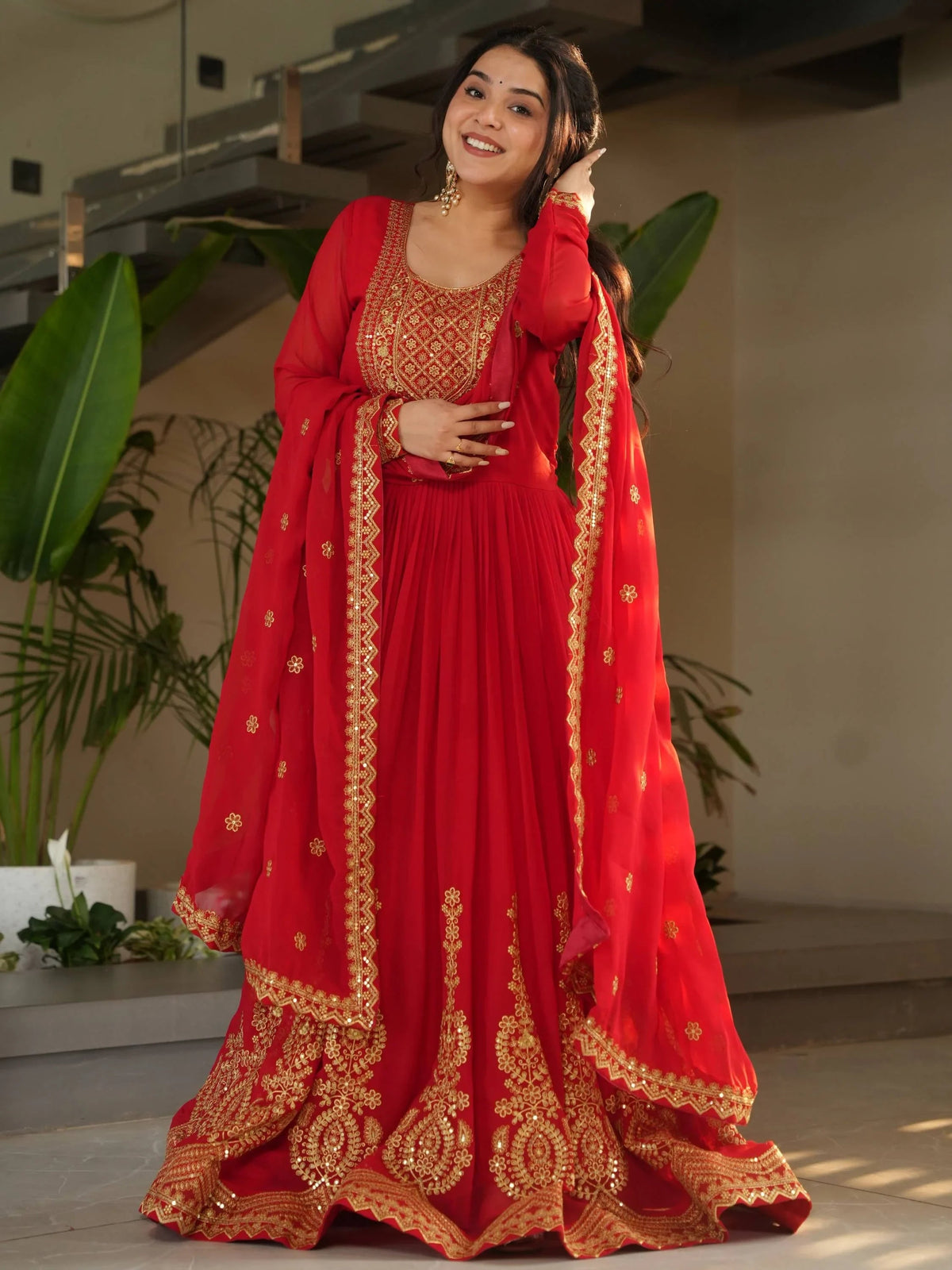 Red Georgette Sequins Work Wedding Gown With Dupatta