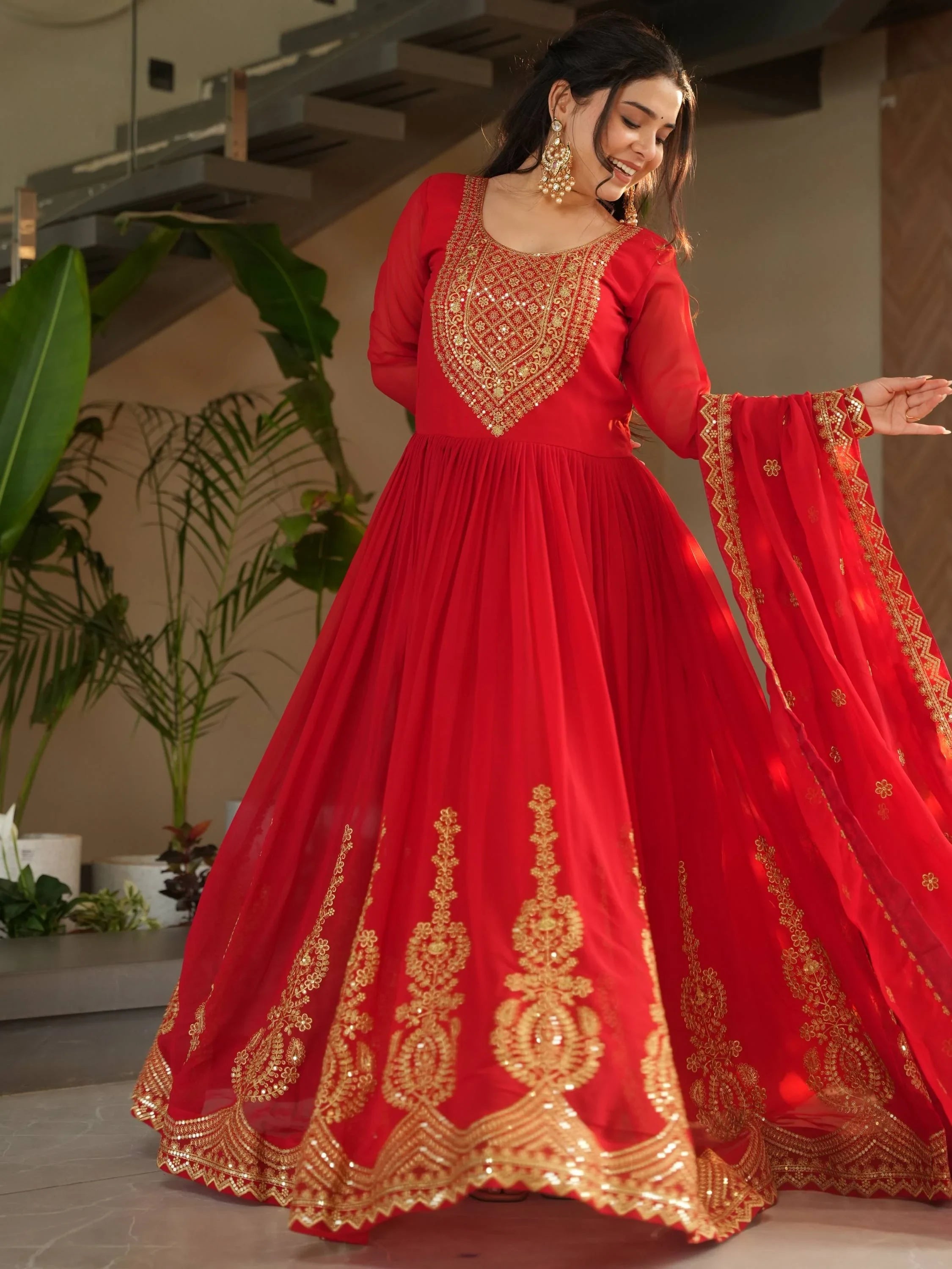 Red Georgette Sequins Work Wedding Gown With Dupatta