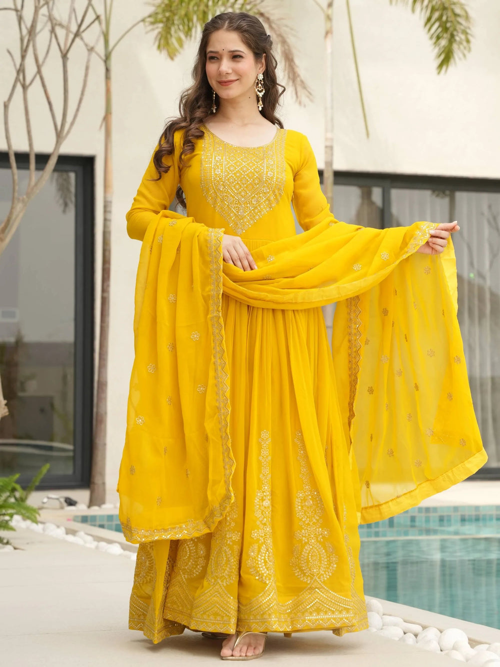 Yellow Georgette Sequins Embroidered Haldi Wear Gown With Dupatta