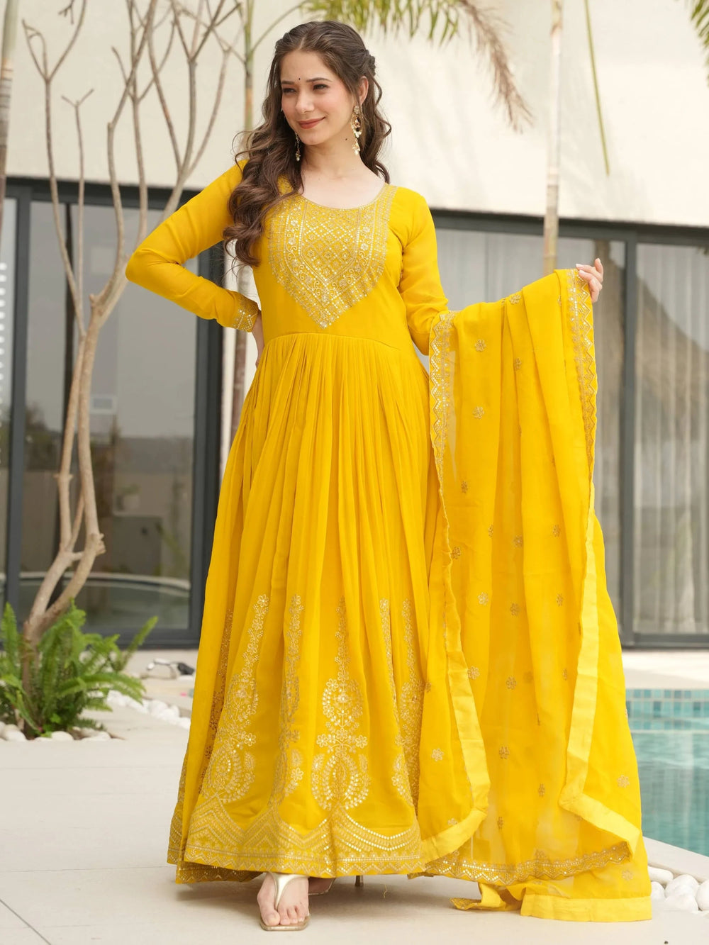 Yellow Georgette Sequins Embroidered Haldi Wear Gown With Dupatta