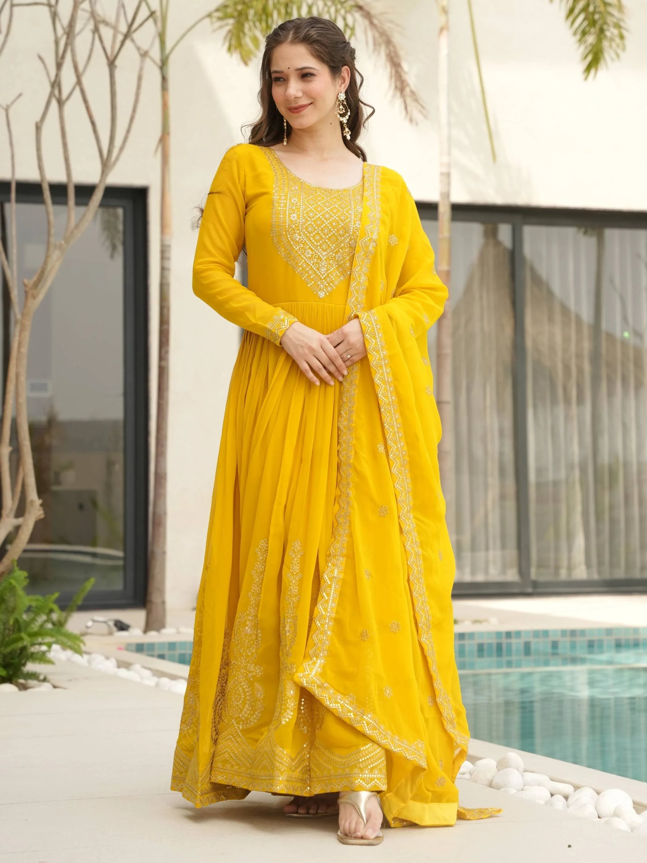 Yellow Georgette Sequins Embroidered Haldi Wear Gown With Dupatta
