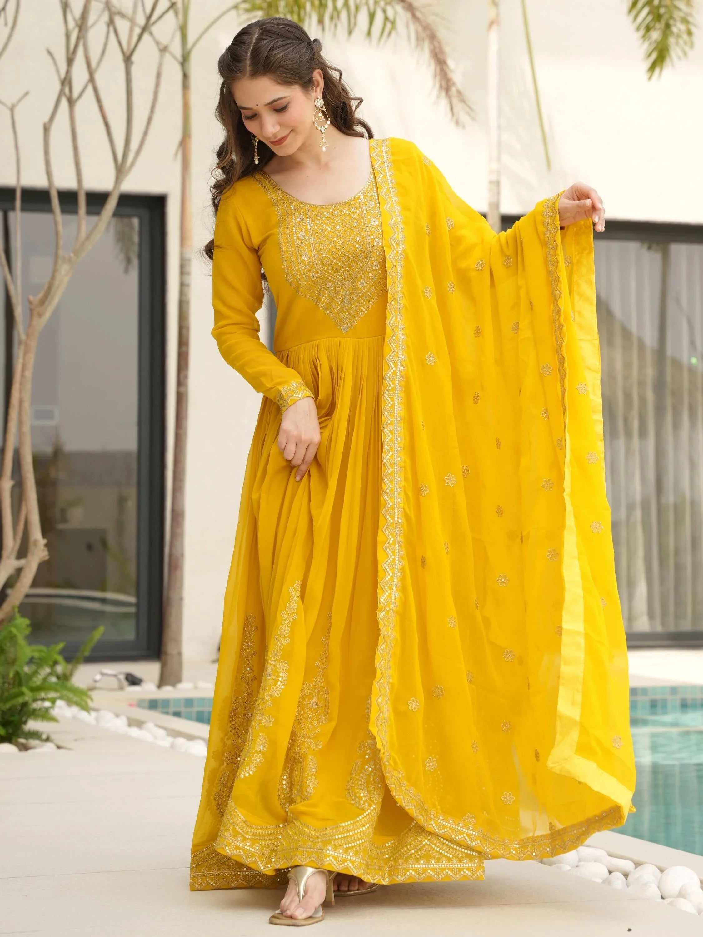 Yellow Georgette Sequins Embroidered Haldi Wear Gown With Dupatta