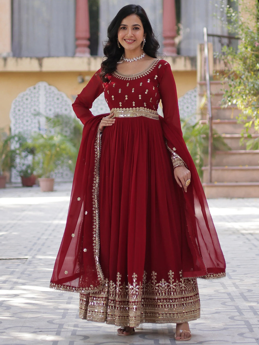 Maroon Georgette Zari Embroidered Wedding Wear Gown