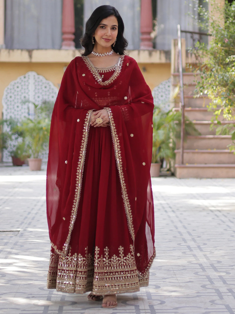 Maroon Georgette Zari Embroidered Wedding Wear Gown