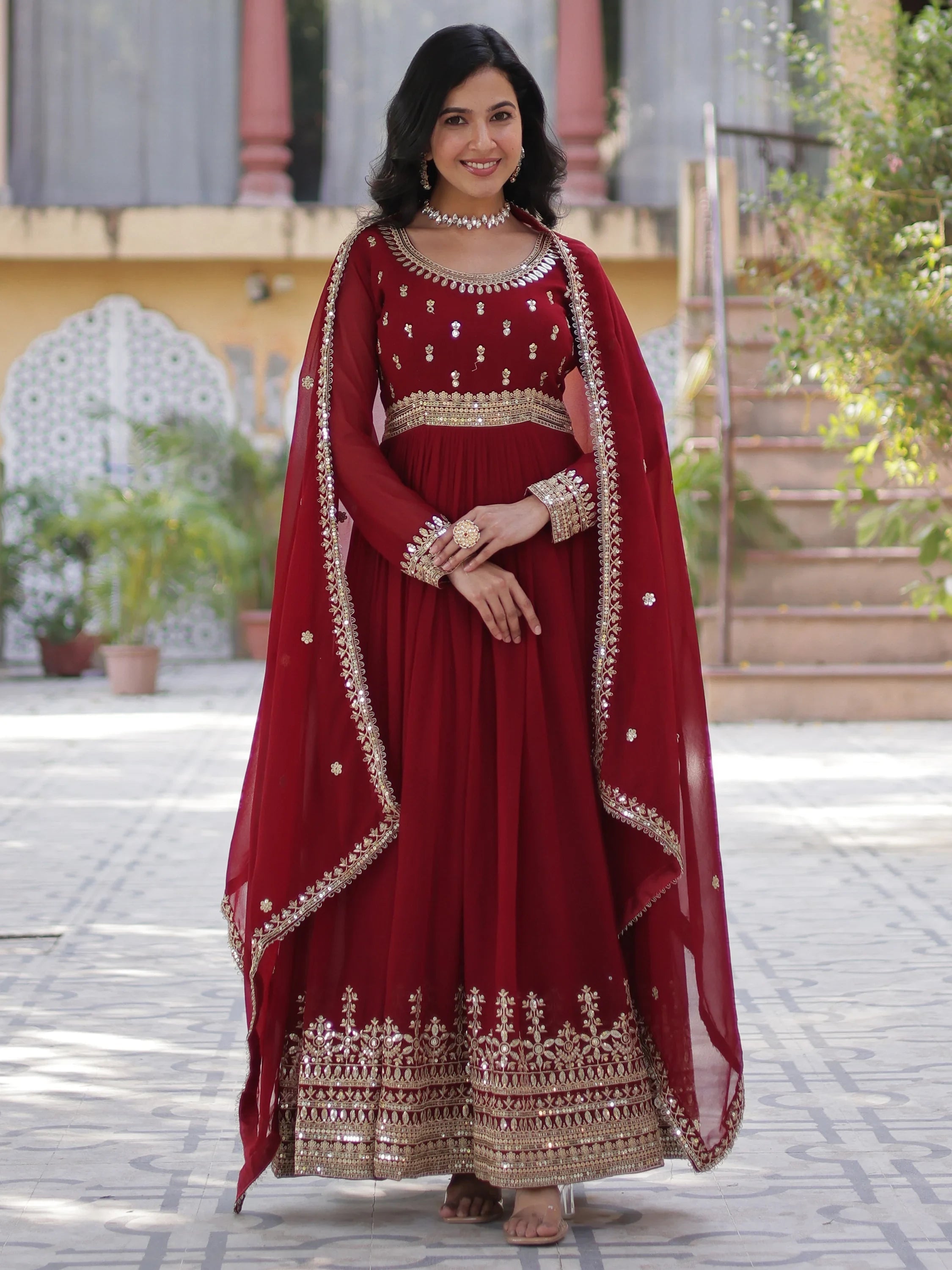 Maroon Georgette Zari Embroidered Wedding Wear Gown