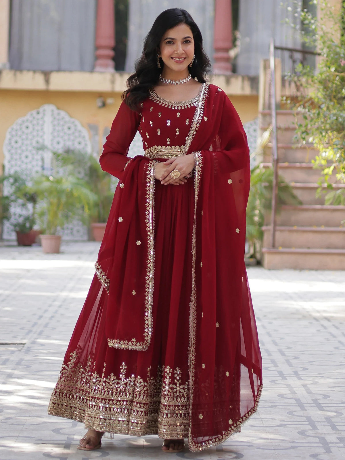 Maroon Georgette Zari Embroidered Wedding Wear Gown