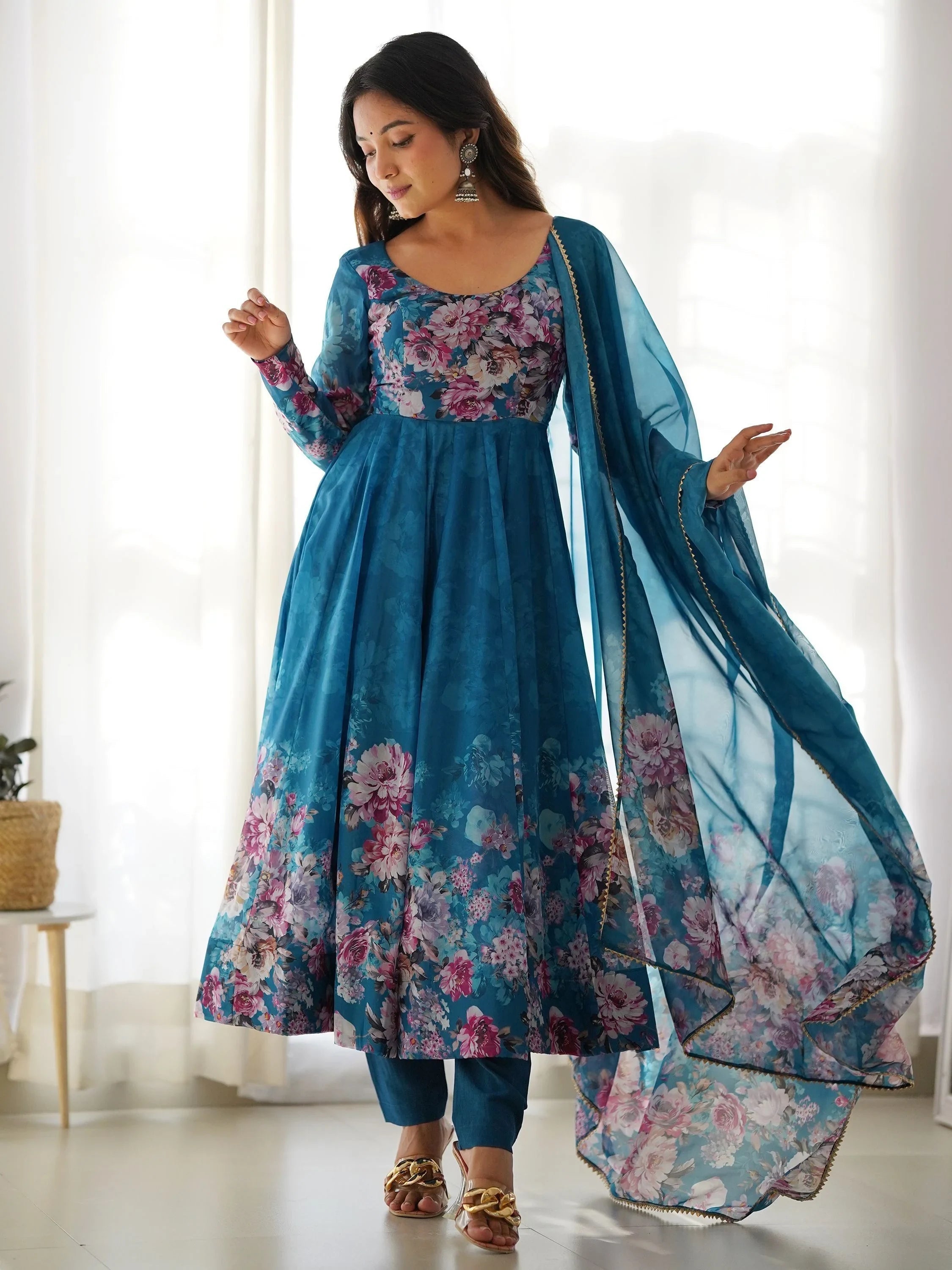 Blue Floral Printed Organza Anarkali Suit Pant With Dupatta for Women