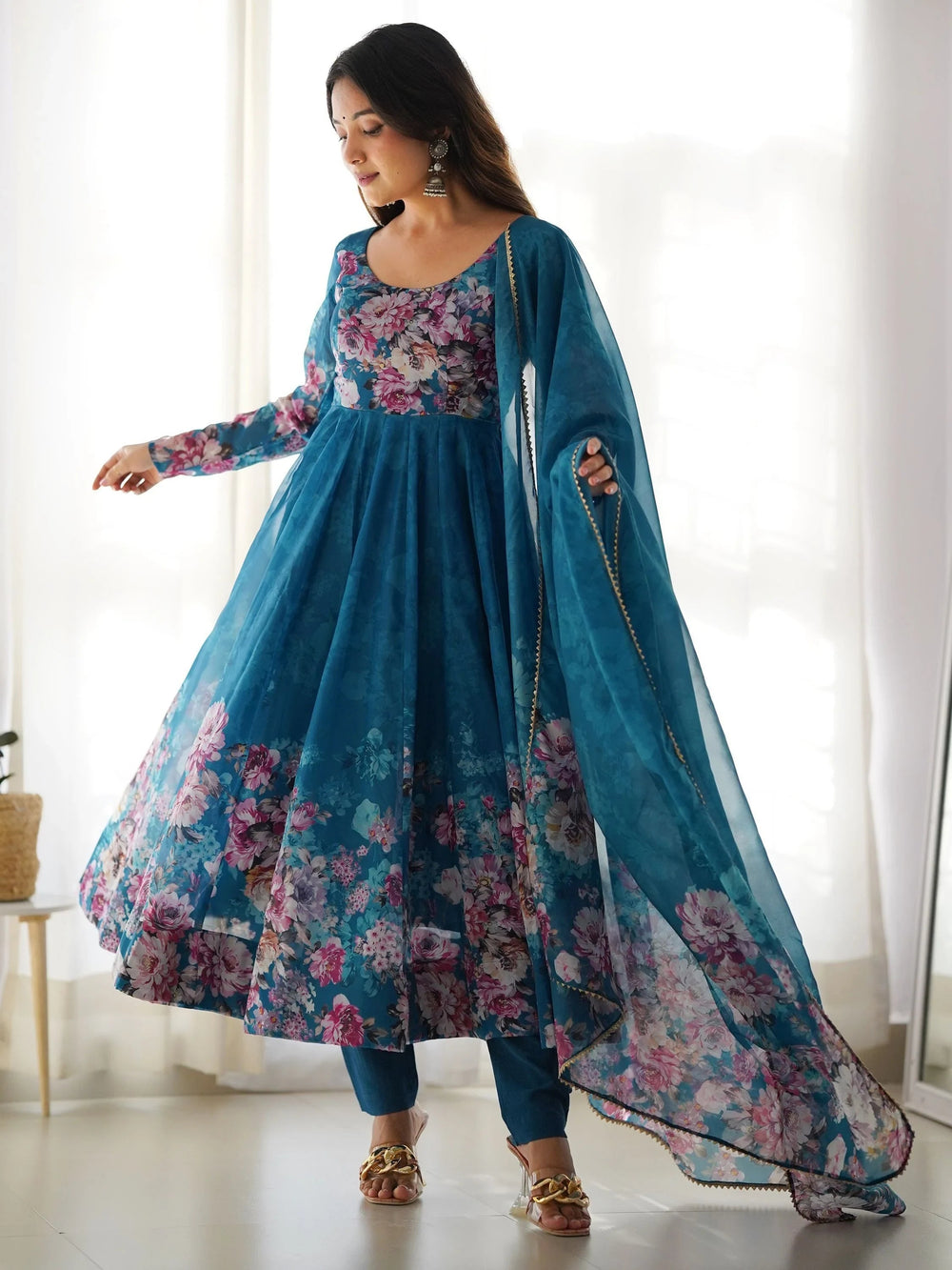 Blue Floral Printed Organza Anarkali Suit Pant With Dupatta for Women