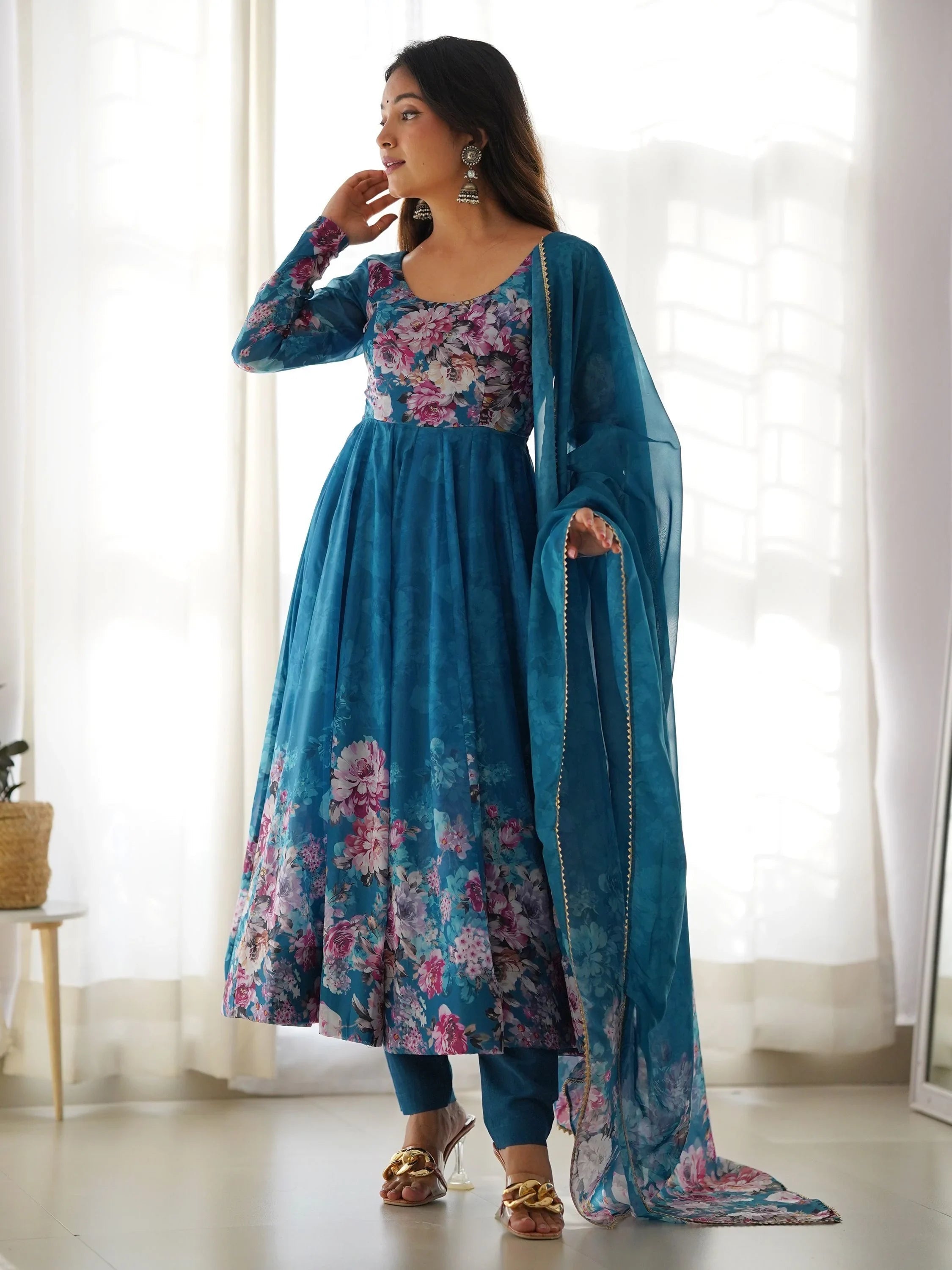 Blue Floral Printed Organza Anarkali Suit Pant With Dupatta for Women