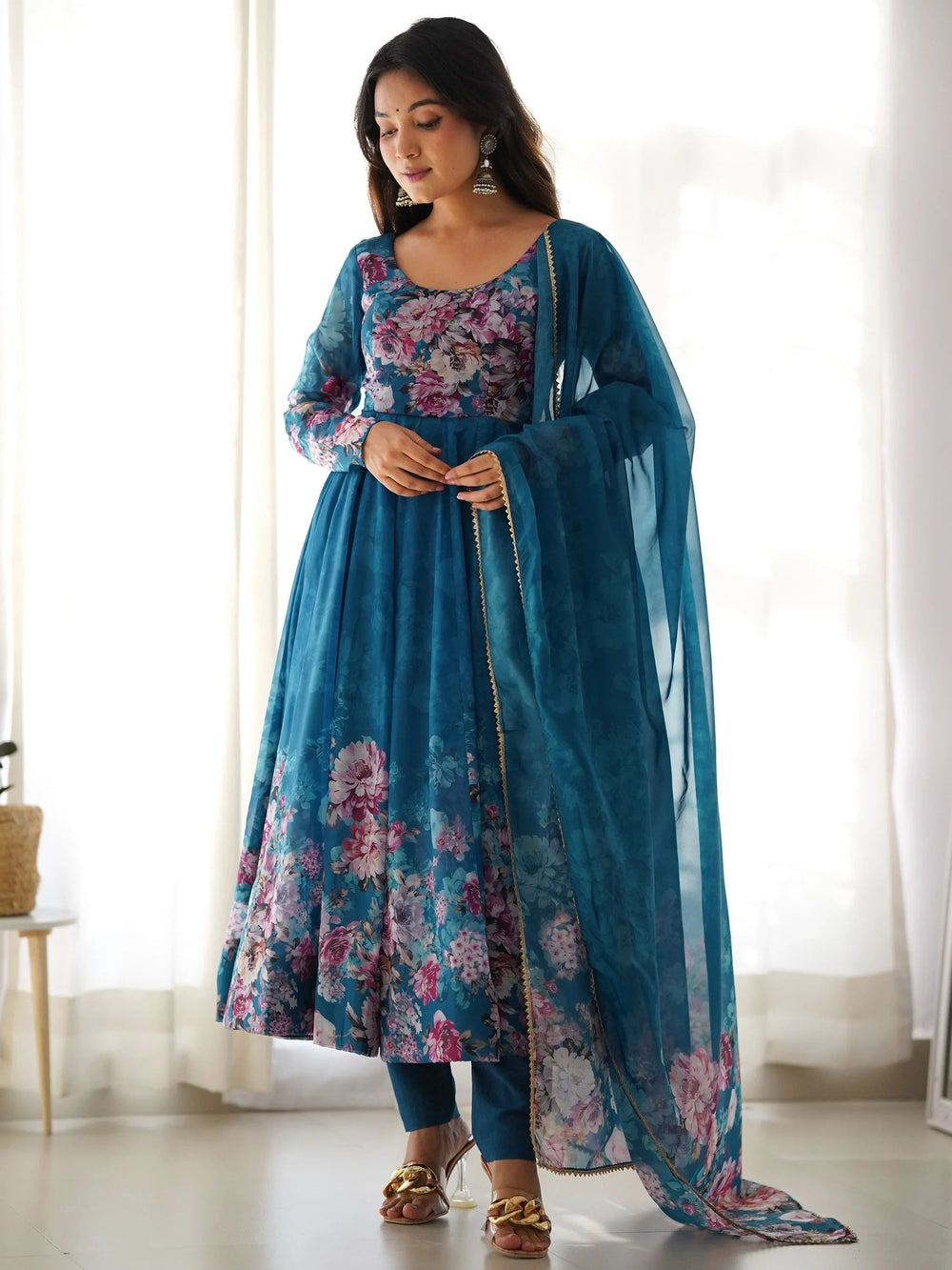 Blue Floral Printed Organza Anarkali Suit Pant With Dupatta for Women