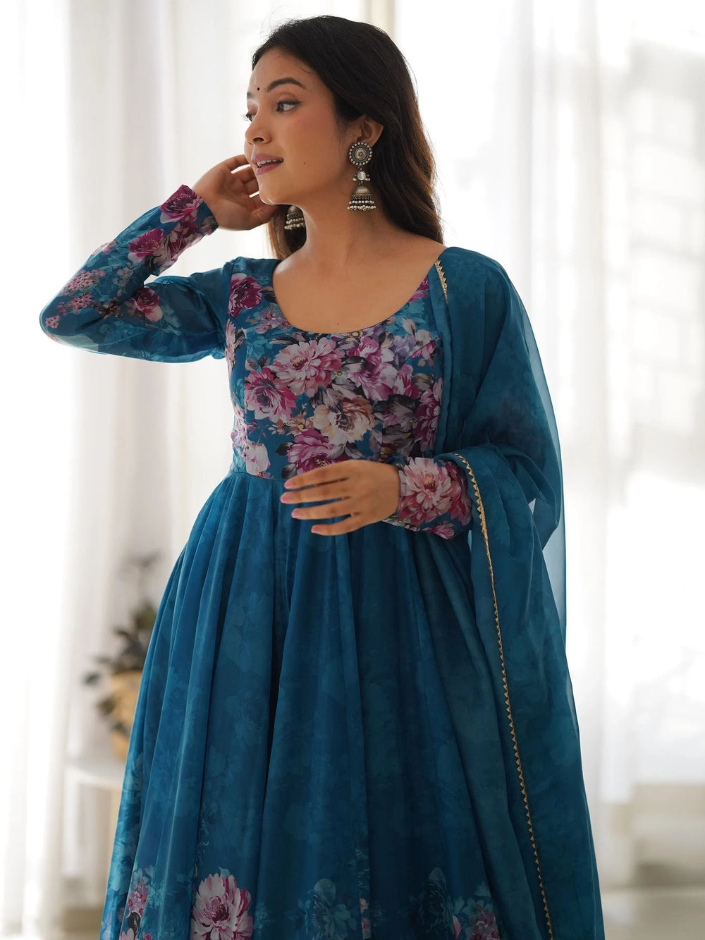 Blue Floral Printed Organza Anarkali Suit Pant With Dupatta for Women