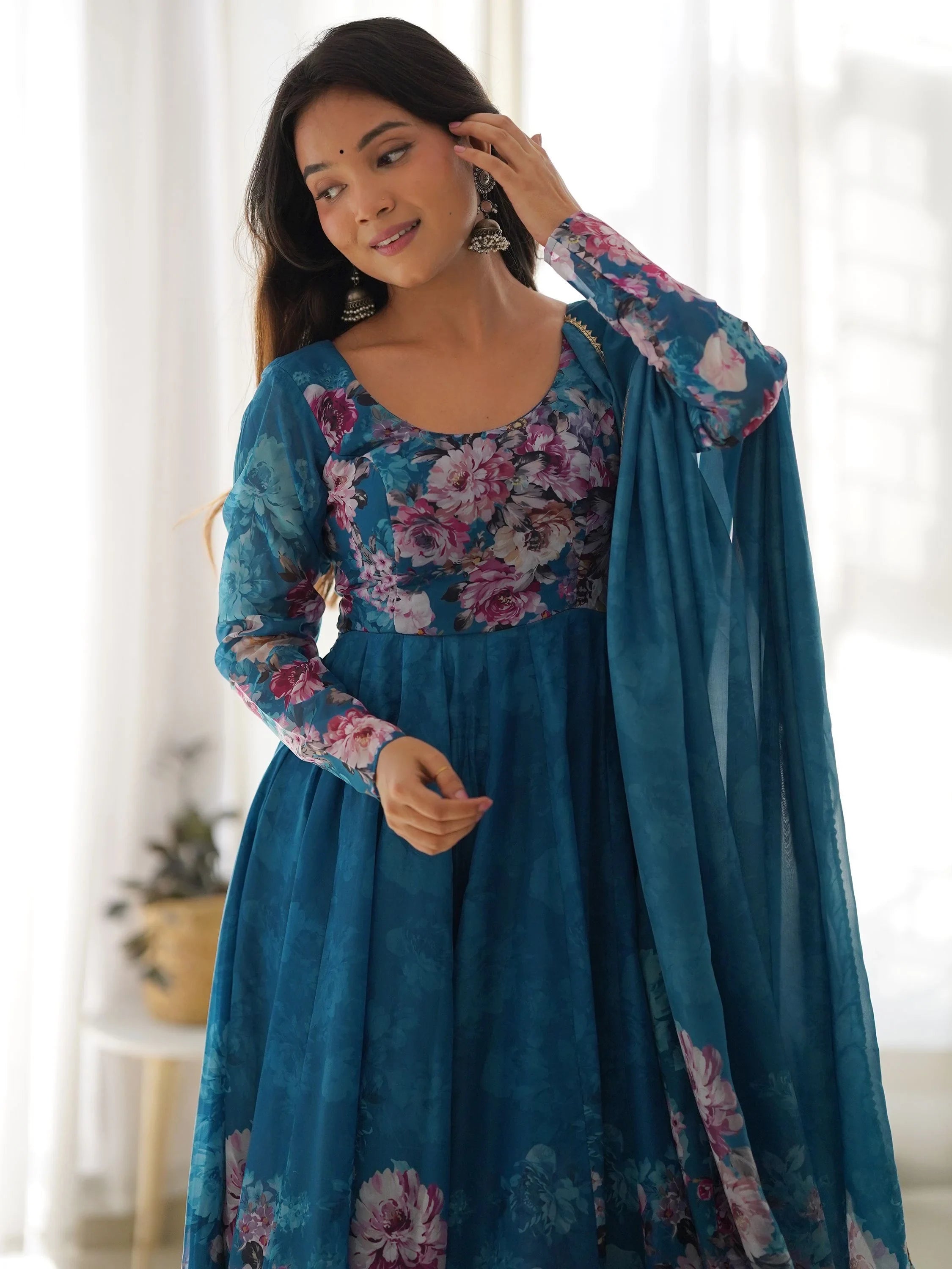 Blue Floral Printed Organza Anarkali Suit Pant With Dupatta for Women