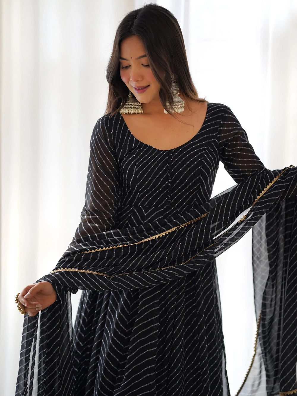 Black Magnetic Laheriya Printed Georgette Event Wear Anarkali Pant Suit